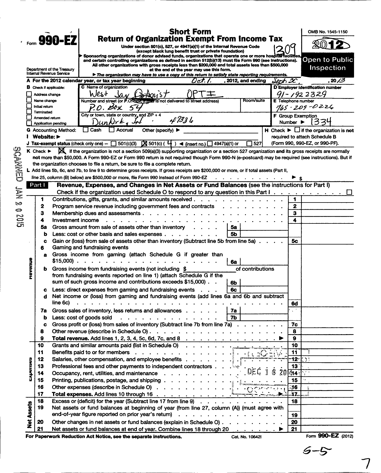 Image of first page of 2012 Form 990EO for Optimist International - 04581 West Jay Optimist Club in