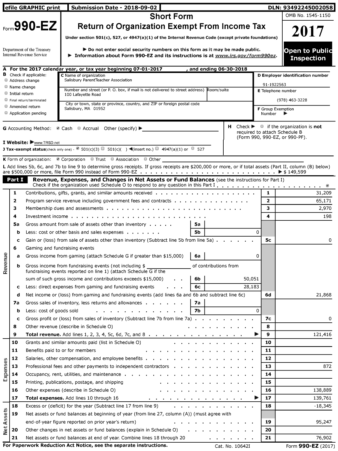 Image of first page of 2017 Form 990EZ for Salisbury ParentTeacher Association