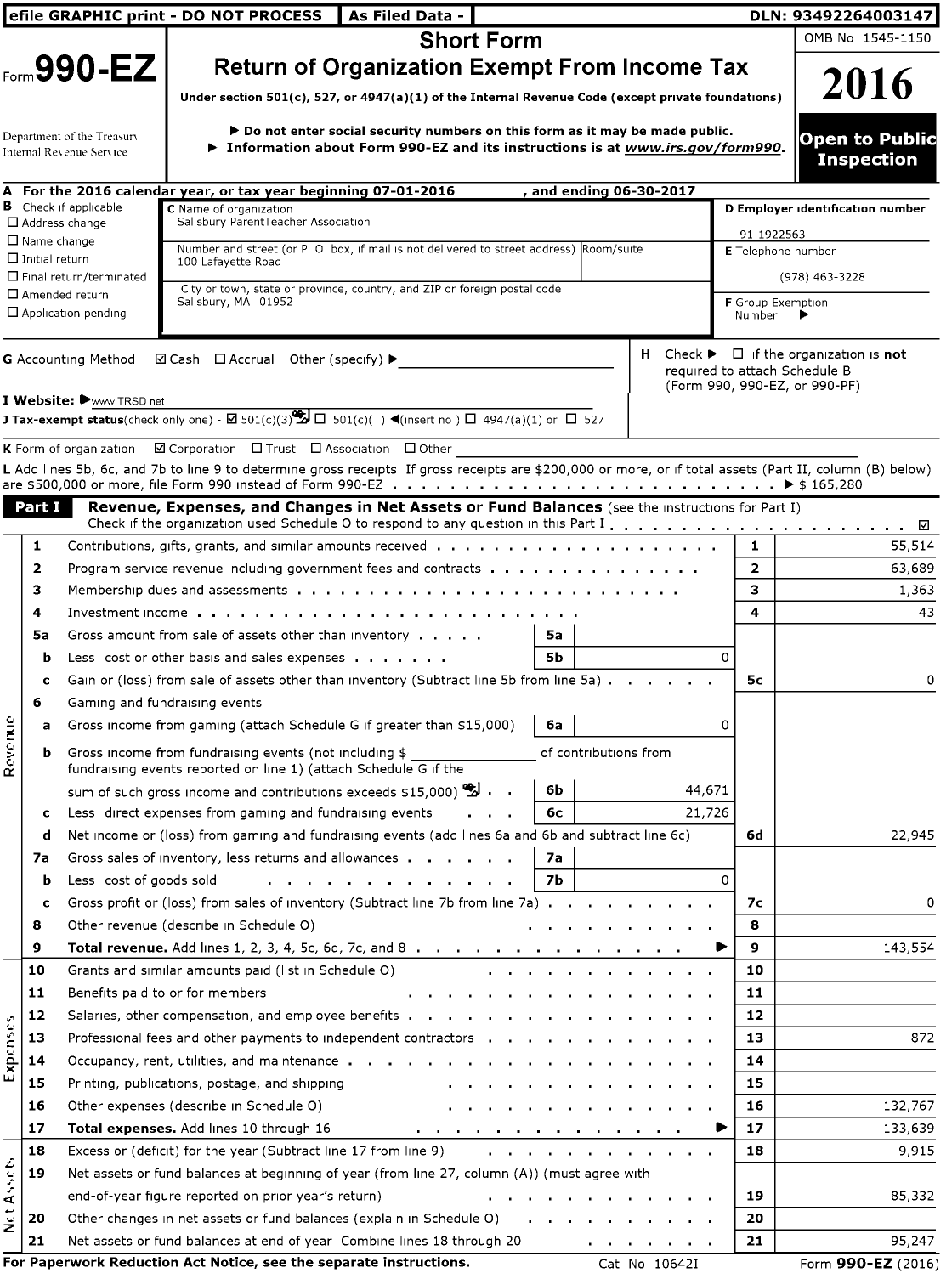 Image of first page of 2016 Form 990EZ for Salisbury ParentTeacher Association