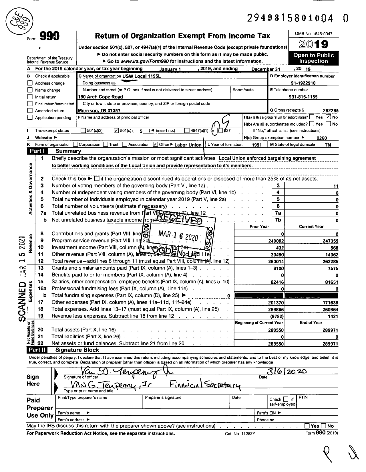 Image of first page of 2019 Form 990O for United Steelworkers - Local Union 1155l