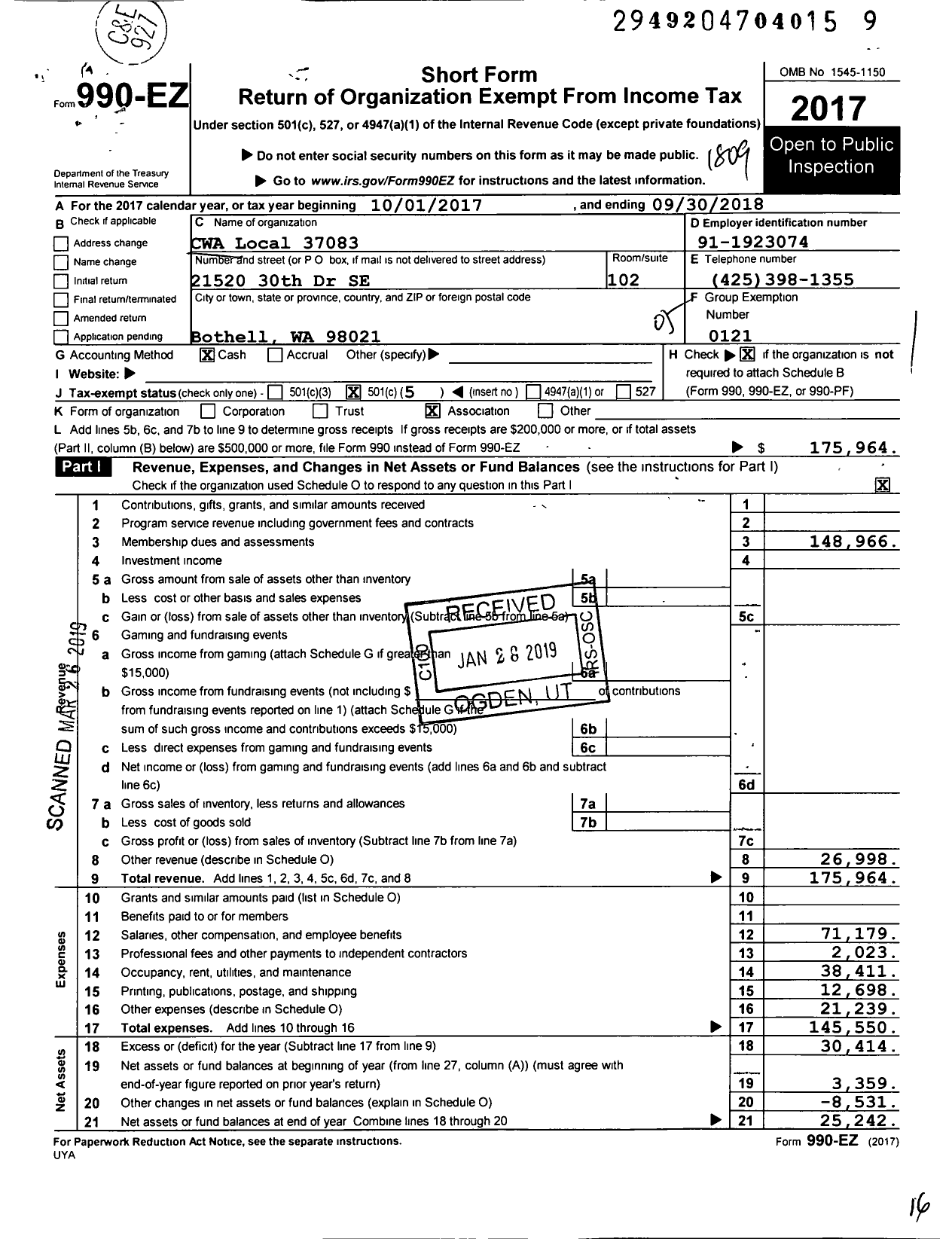 Image of first page of 2017 Form 990EO for Communications Workers of America - 37083 Local