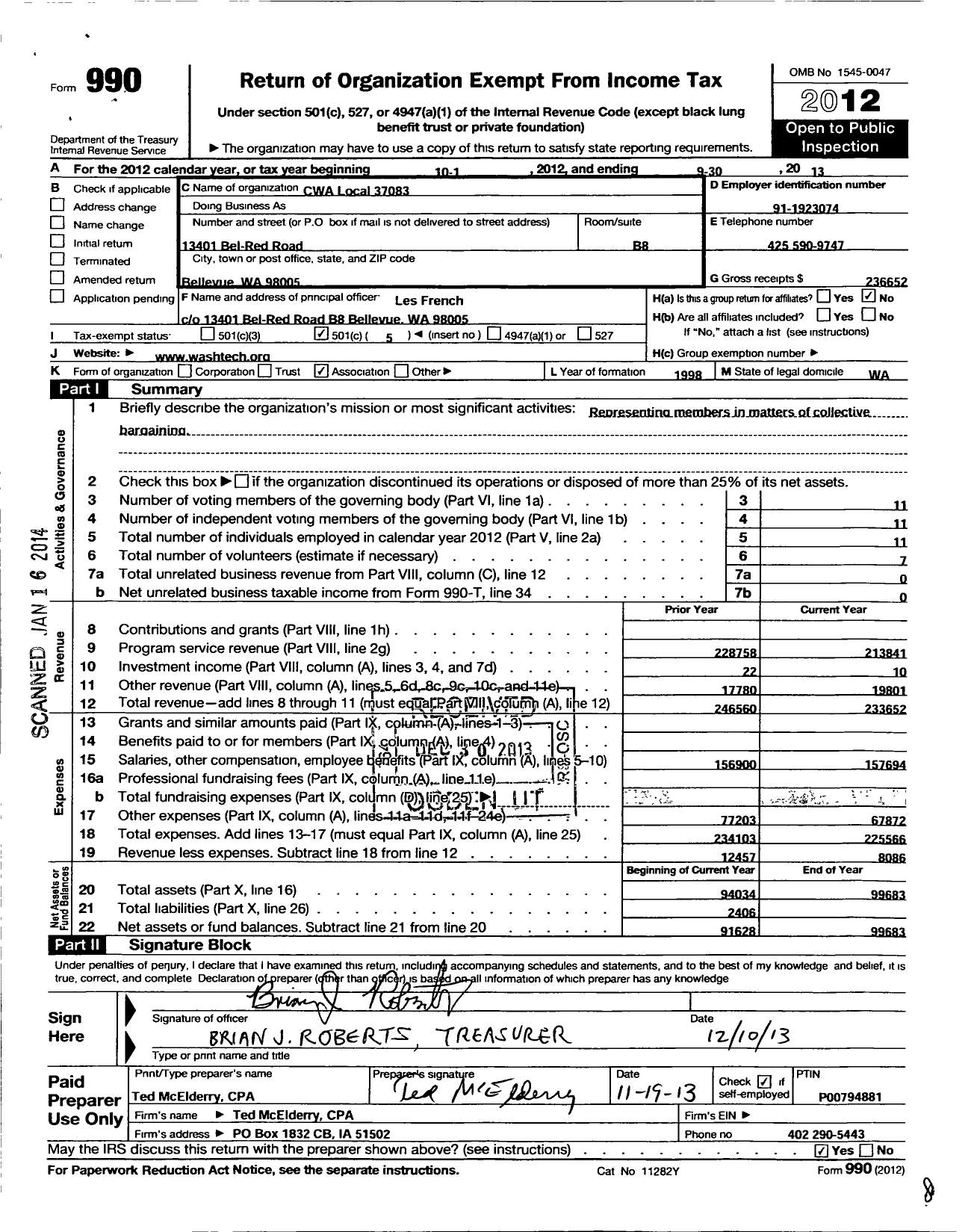 Image of first page of 2012 Form 990O for Communications Workers of America - 37083 Local