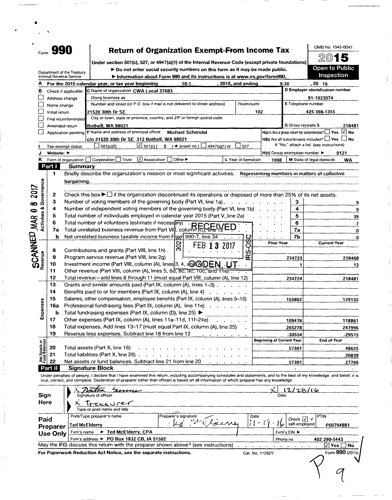 Image of first page of 2015 Form 990O for Communications Workers of America - 37083 Local