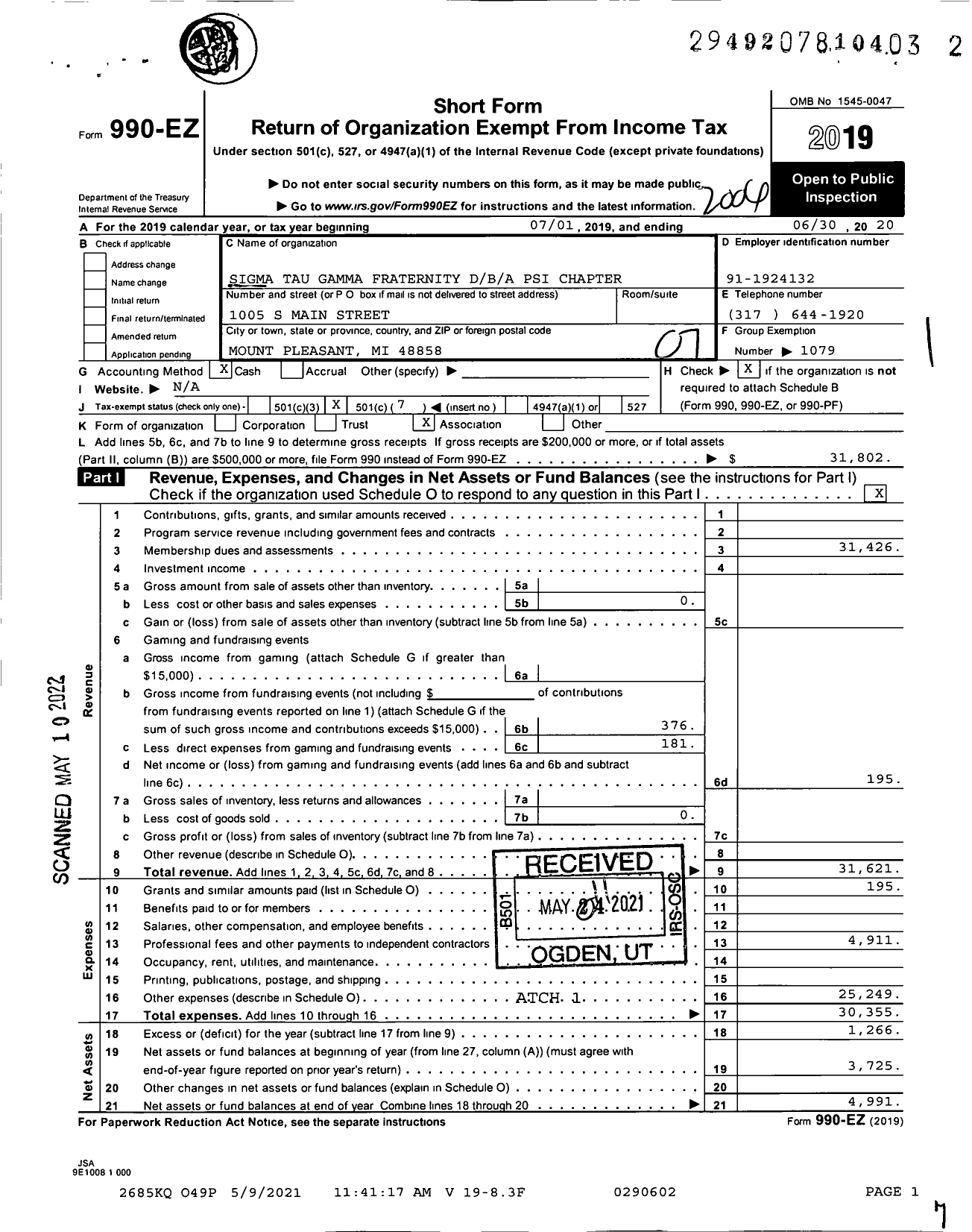 Image of first page of 2019 Form 990EO for Sigma Tau Gamma Fraternity Psi Chapter