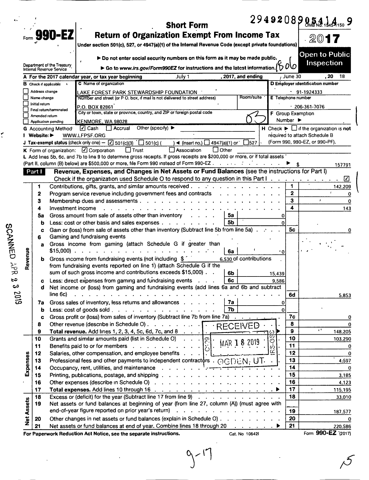 Image of first page of 2017 Form 990EZ for Lake Forest Park Stewardship Foundation