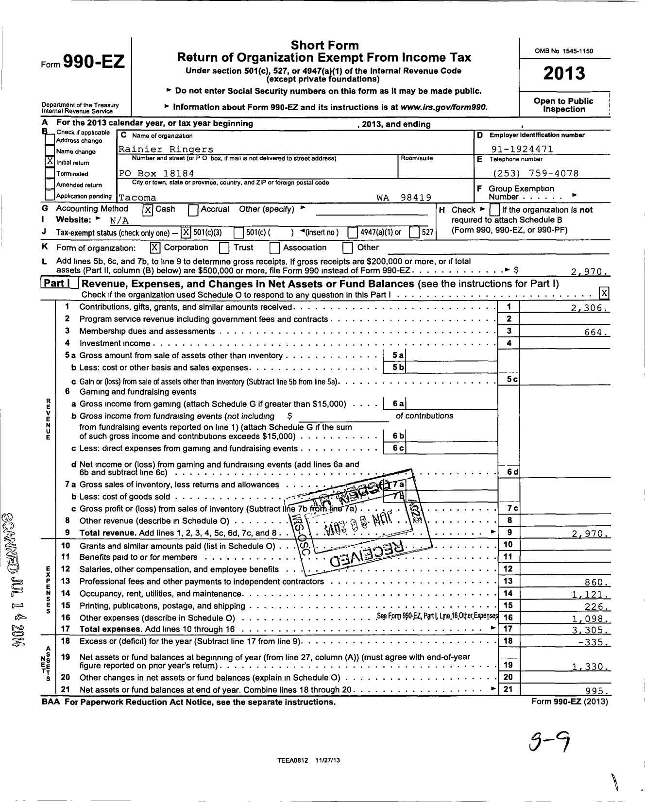 Image of first page of 2013 Form 990EZ for Rainier Ringers