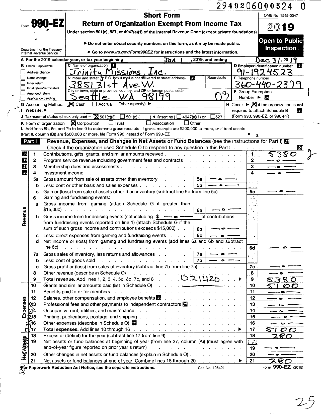 Image of first page of 2019 Form 990EZ for Trinity Missions