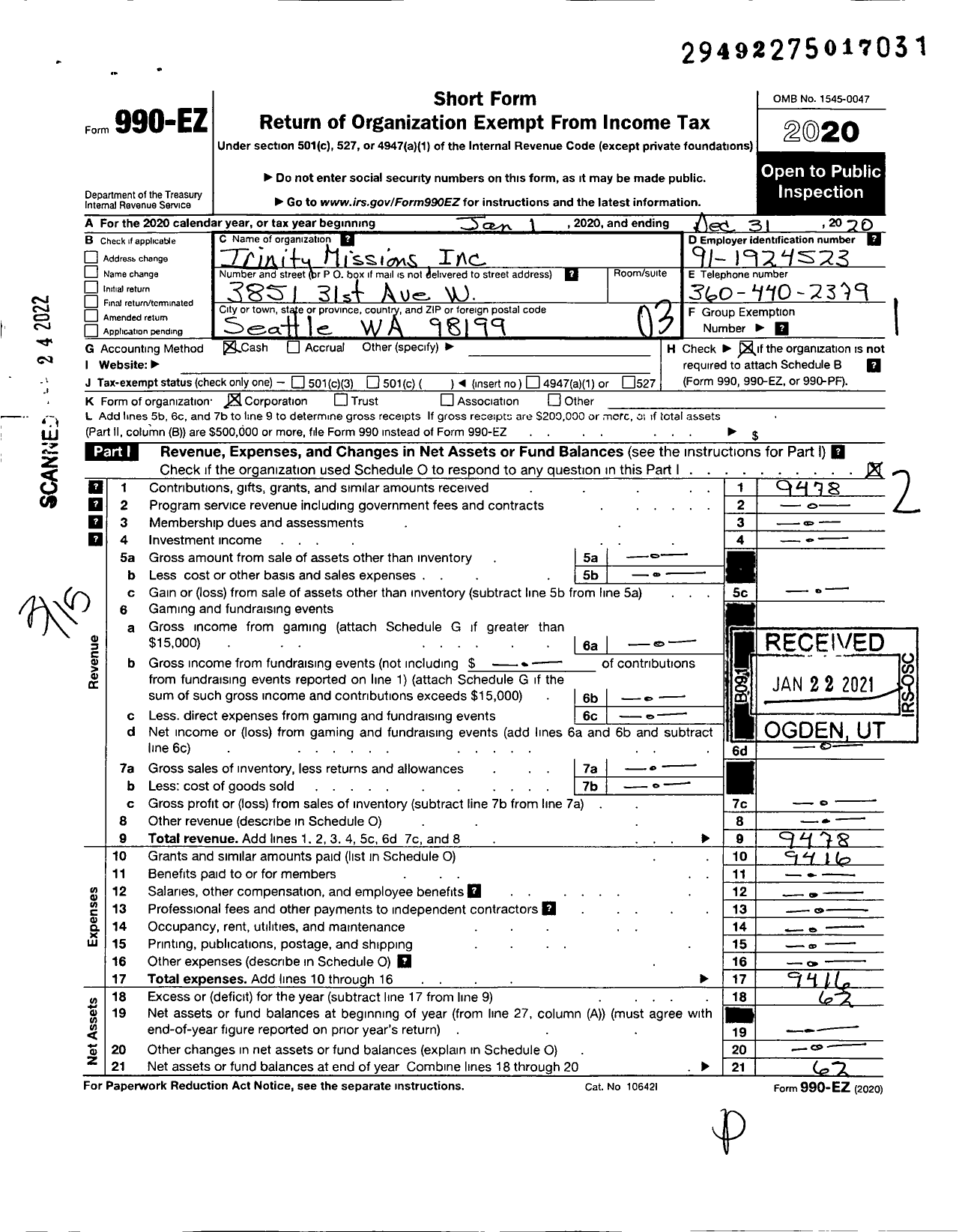 Image of first page of 2020 Form 990EZ for Trinity Missions