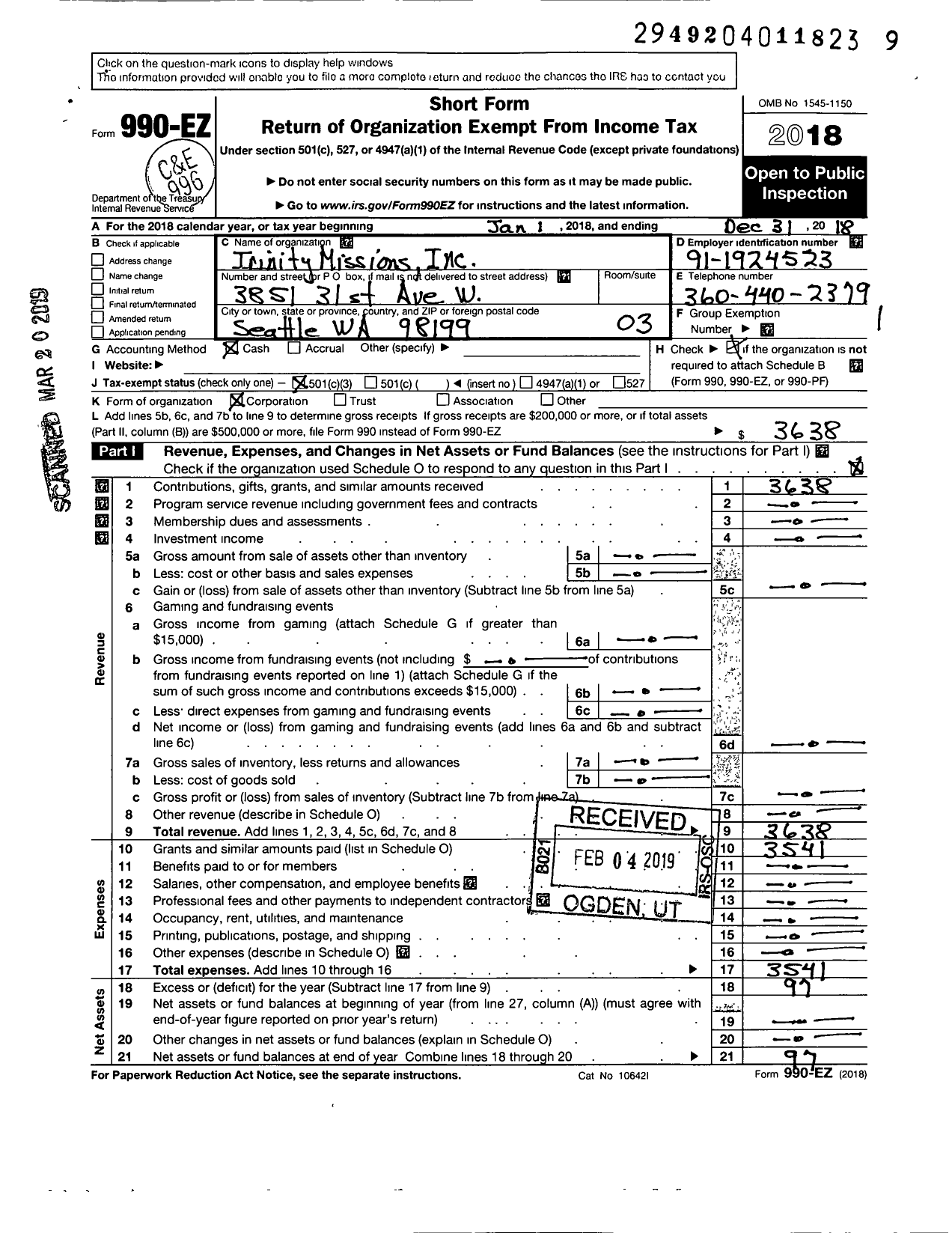 Image of first page of 2018 Form 990EZ for Trinity Missions