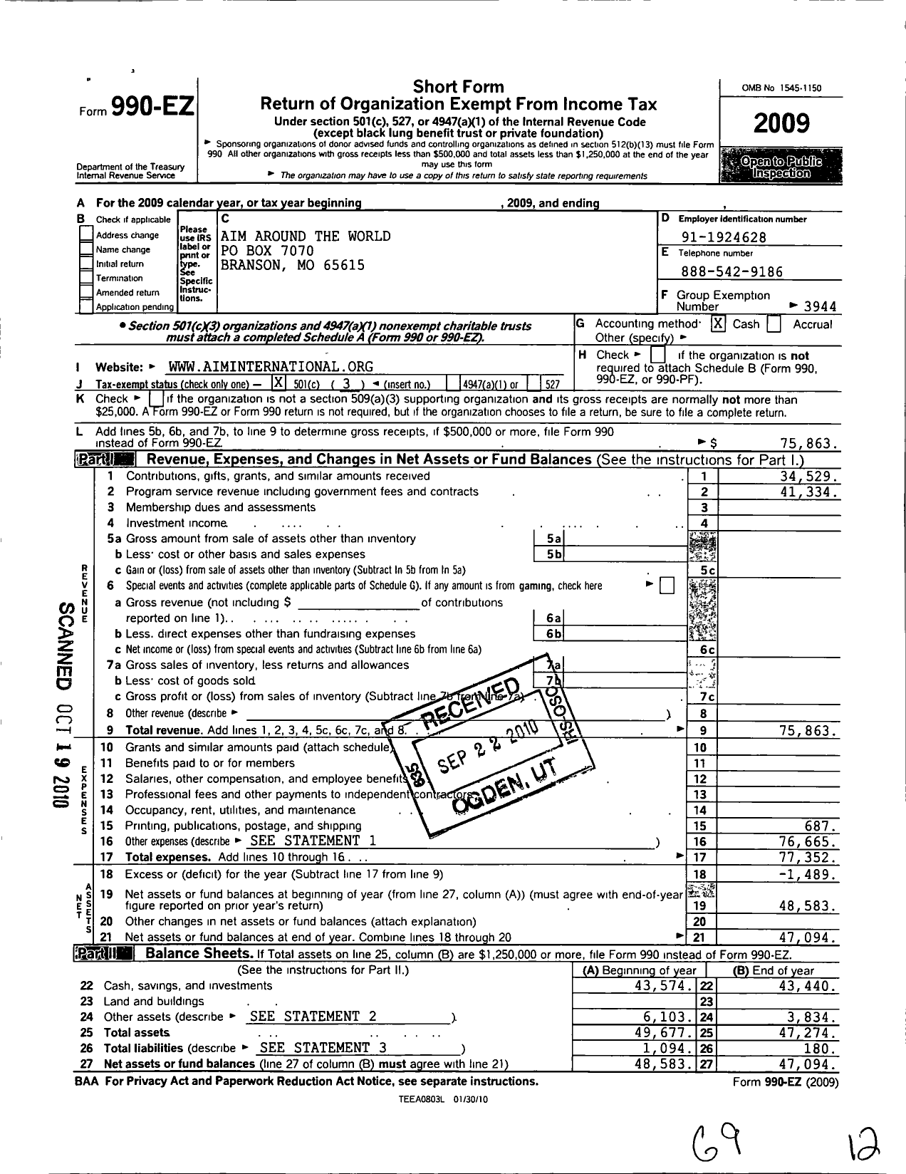 Image of first page of 2009 Form 990EZ for Aim Around the World