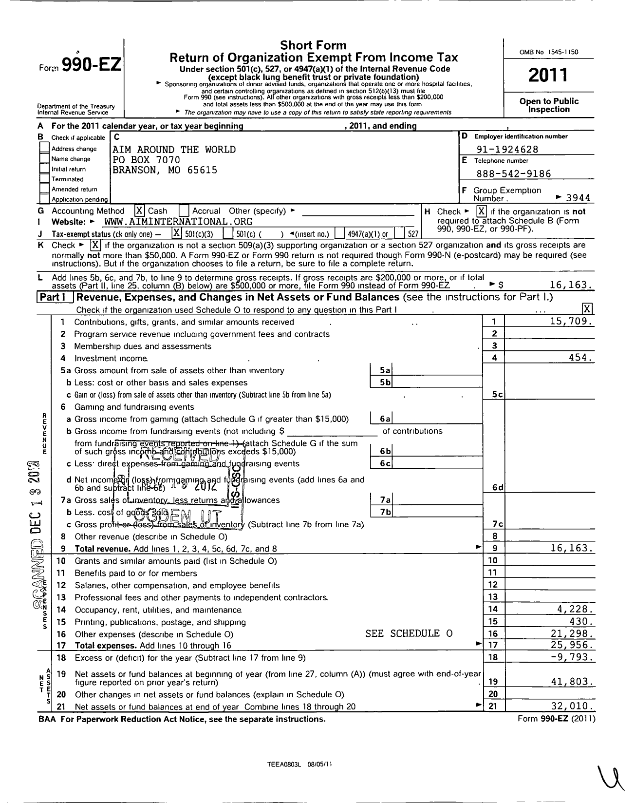 Image of first page of 2011 Form 990EZ for Aim Around the World