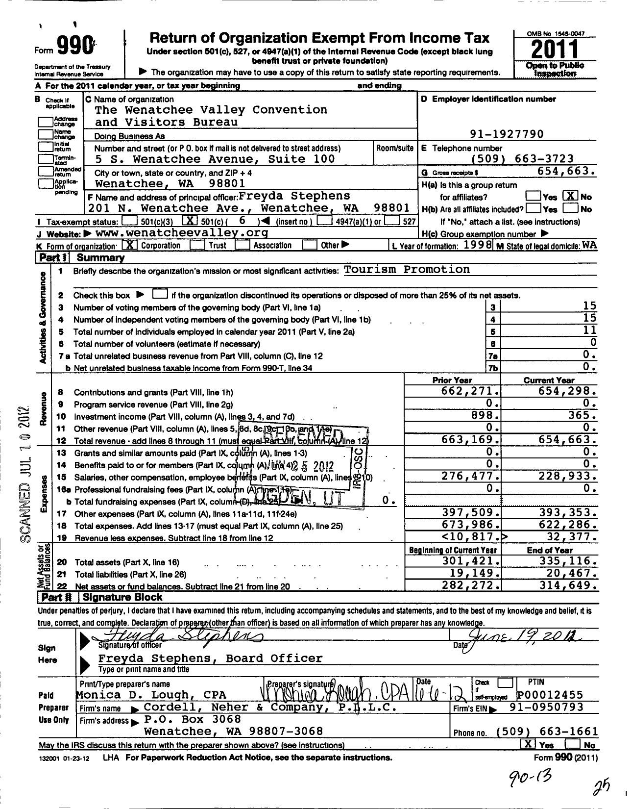 Image of first page of 2011 Form 990O for Wenatchee Valley Convention and Visitors Bureau