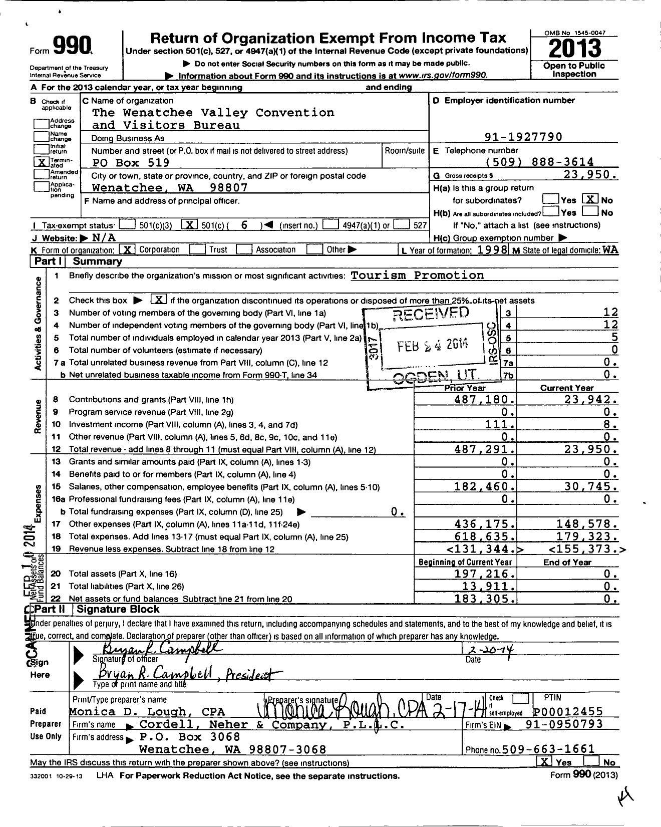 Image of first page of 2013 Form 990O for Wenatchee Valley Convention and Visitors Bureau