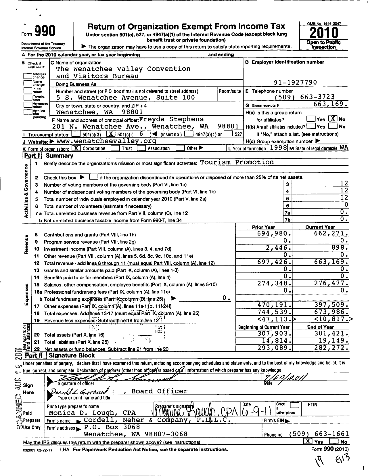 Image of first page of 2010 Form 990O for Wenatchee Valley Convention and Visitors Bureau