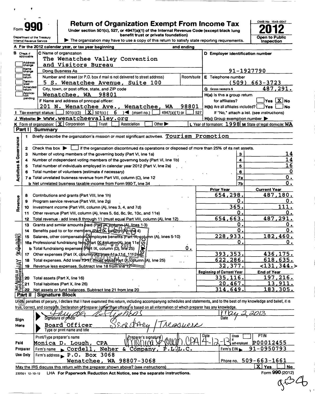 Image of first page of 2012 Form 990O for Wenatchee Valley Convention and Visitors Bureau