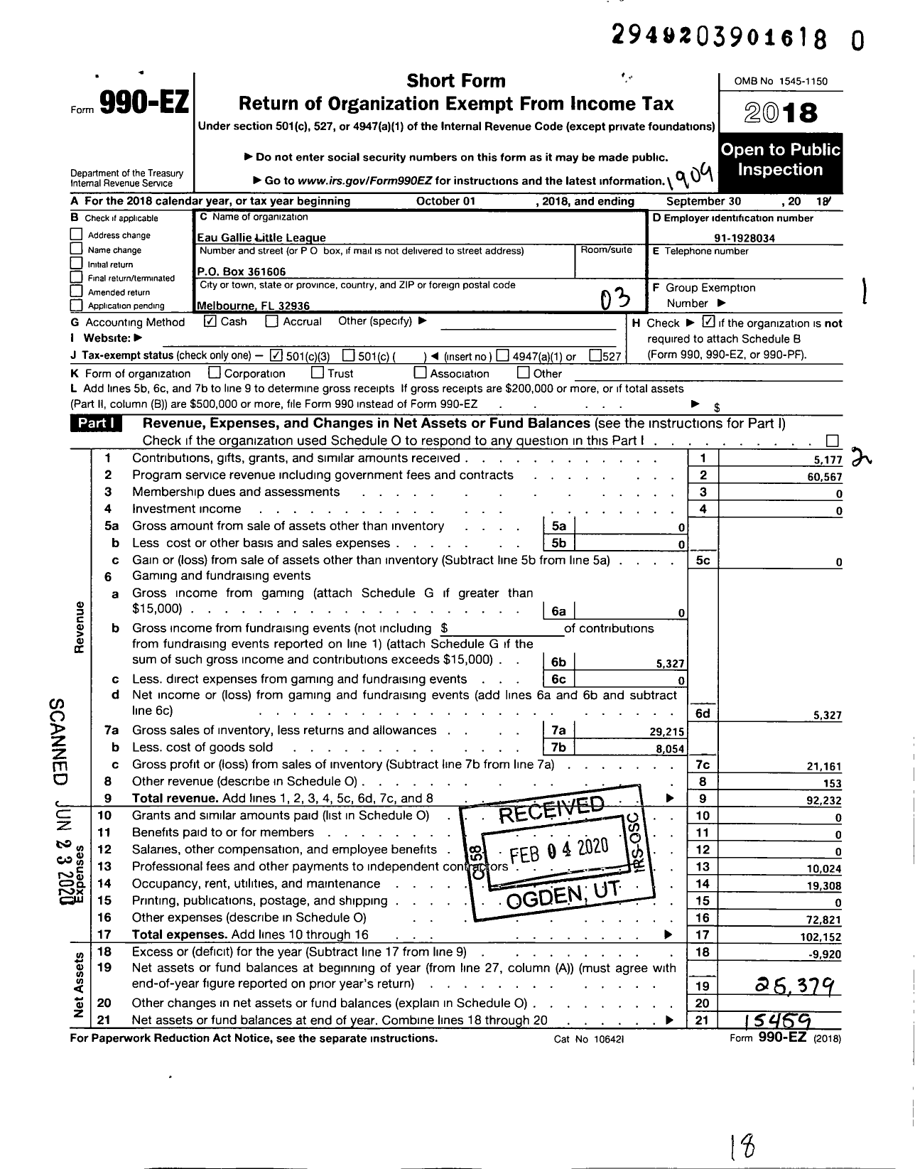 Image of first page of 2018 Form 990EZ for Little League Baseball - 3090208 Eau Gallie LL