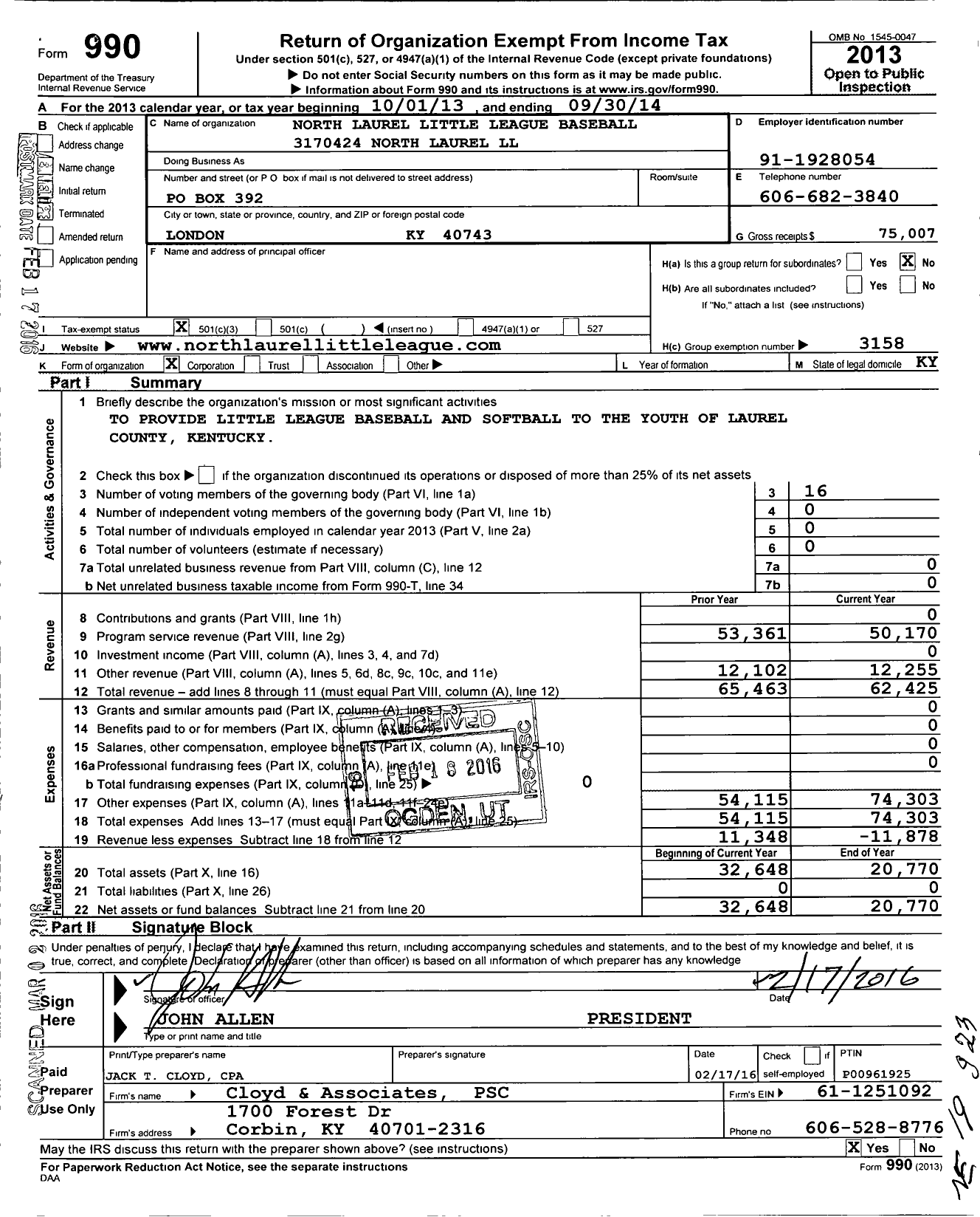 Image of first page of 2013 Form 990 for Little League Baseball - 3170424 North Laurel LL