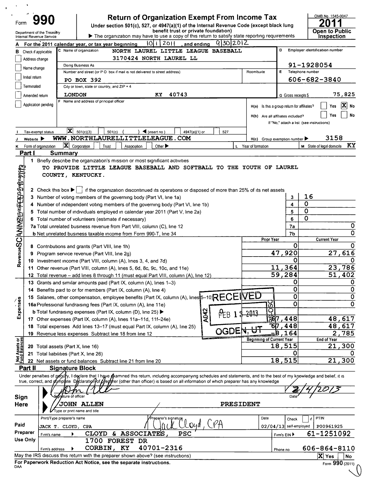 Image of first page of 2011 Form 990 for Little League Baseball - 3170424 North Laurel LL