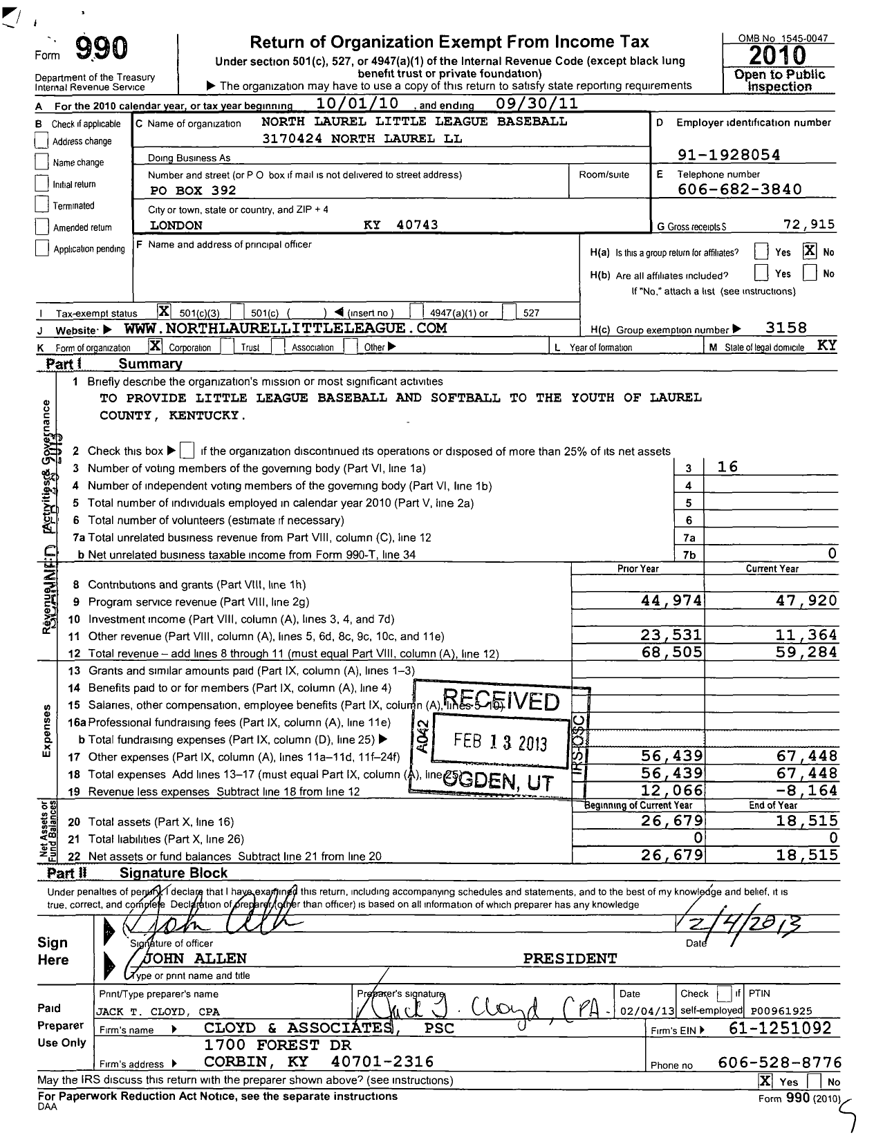 Image of first page of 2010 Form 990 for Little League Baseball - 3170424 North Laurel LL