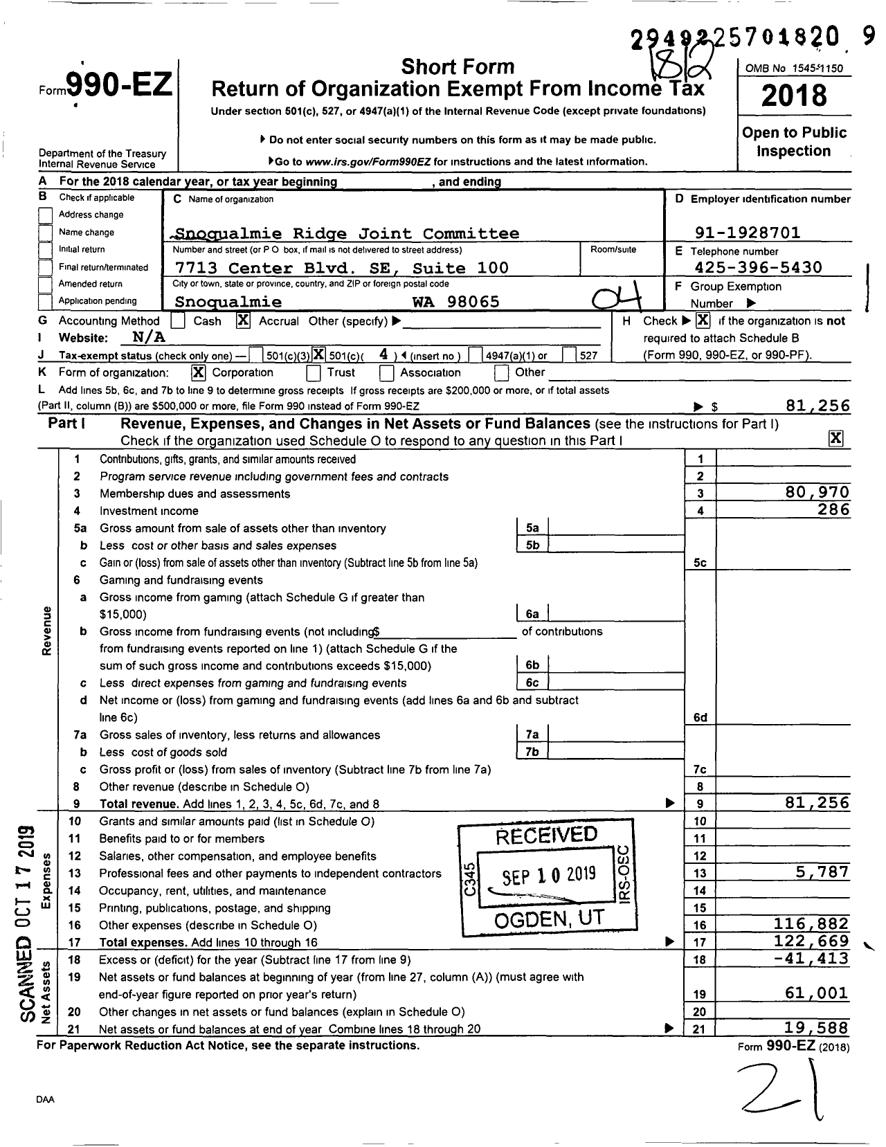 Image of first page of 2018 Form 990EO for Snoqualmie Ridge Joint Committee