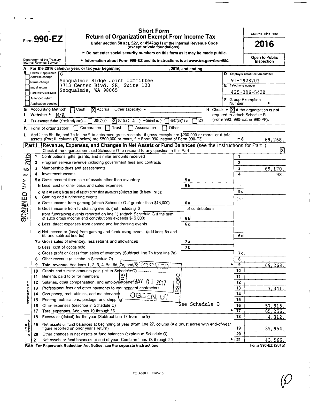 Image of first page of 2016 Form 990EO for Snoqualmie Ridge Joint Committee