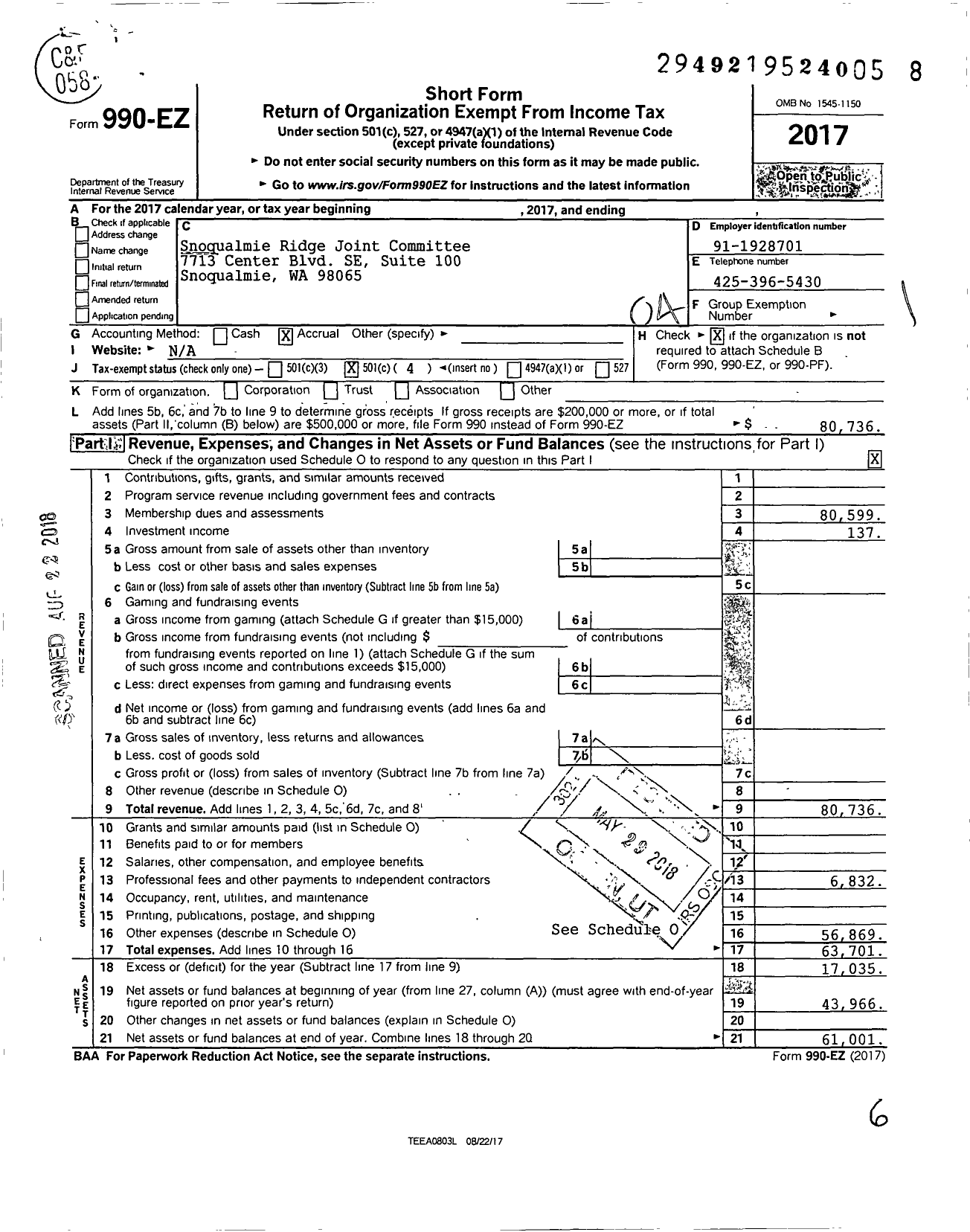 Image of first page of 2017 Form 990EO for Snoqualmie Ridge Joint Committee