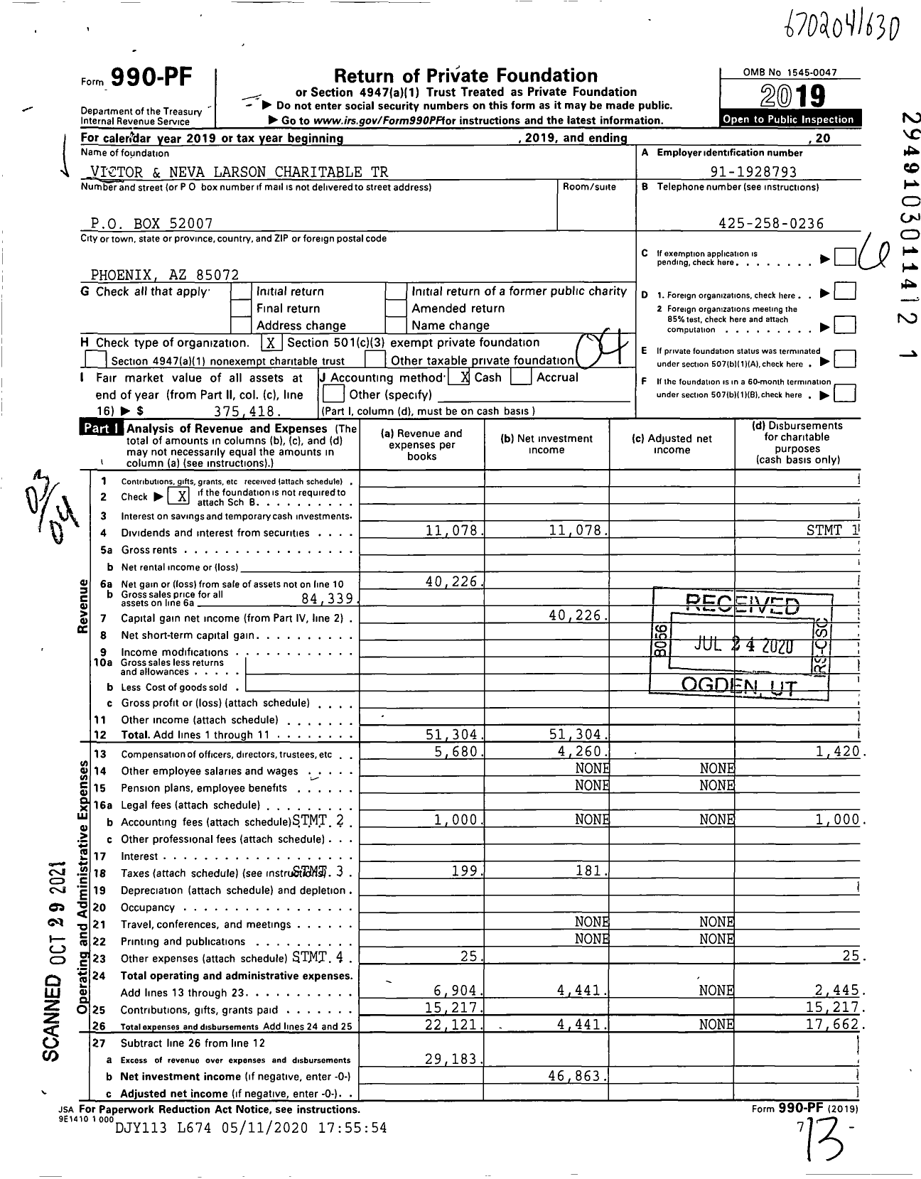 Image of first page of 2019 Form 990PF for Victor and Neva Larson Charitable Trust