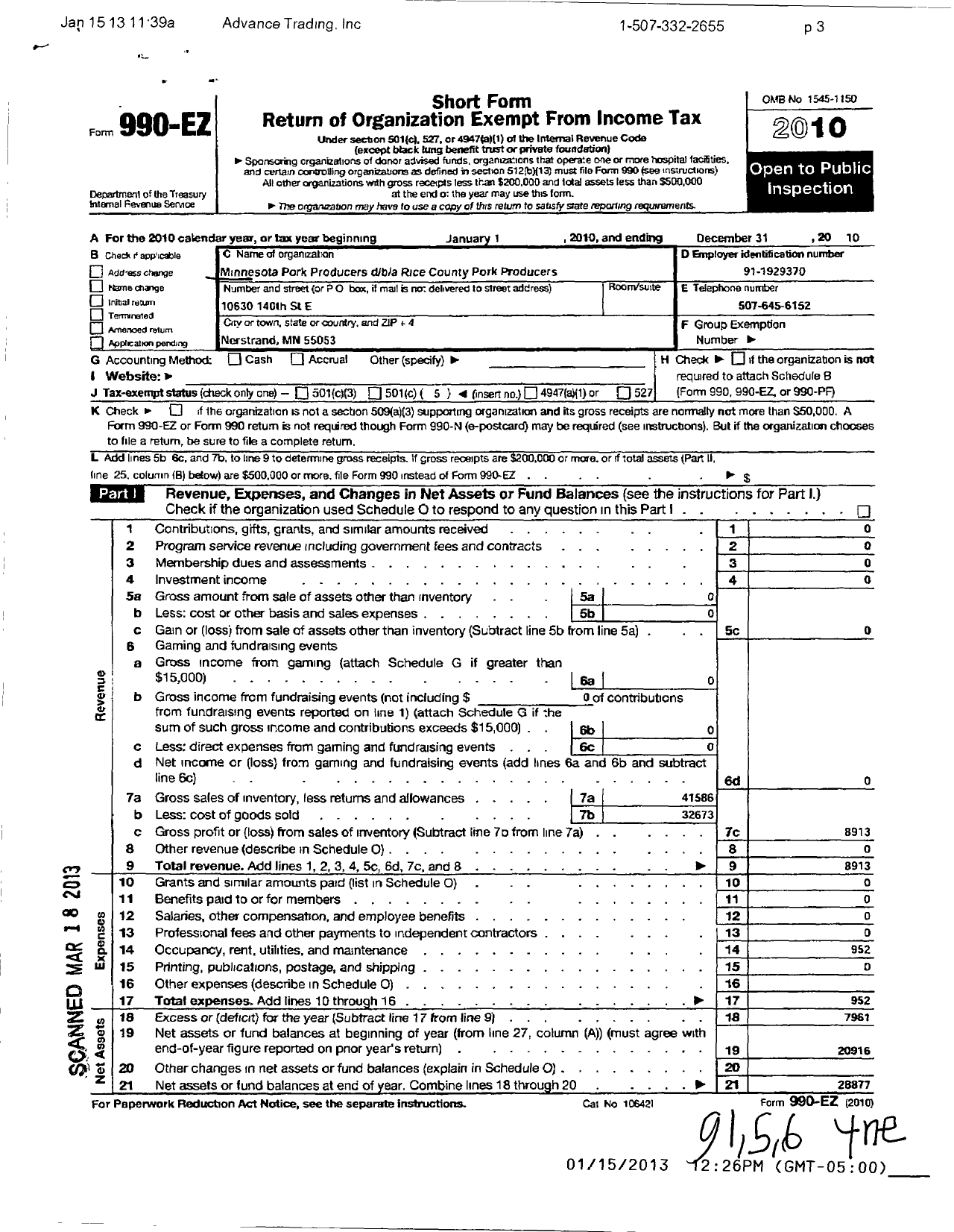 Image of first page of 2010 Form 990EO for Minnesota Pork Producers Association / Rice County Pork Producers