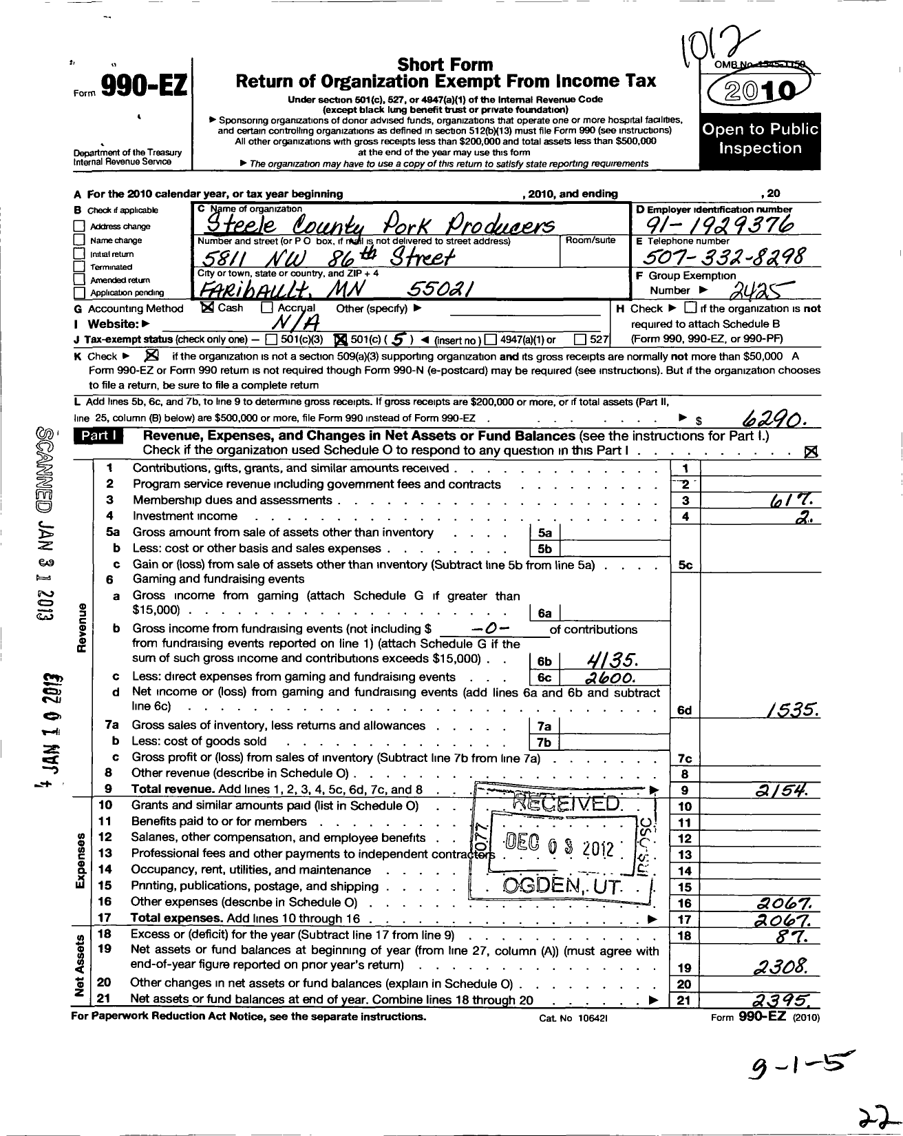 Image of first page of 2010 Form 990EO for Steele County Pork Producers