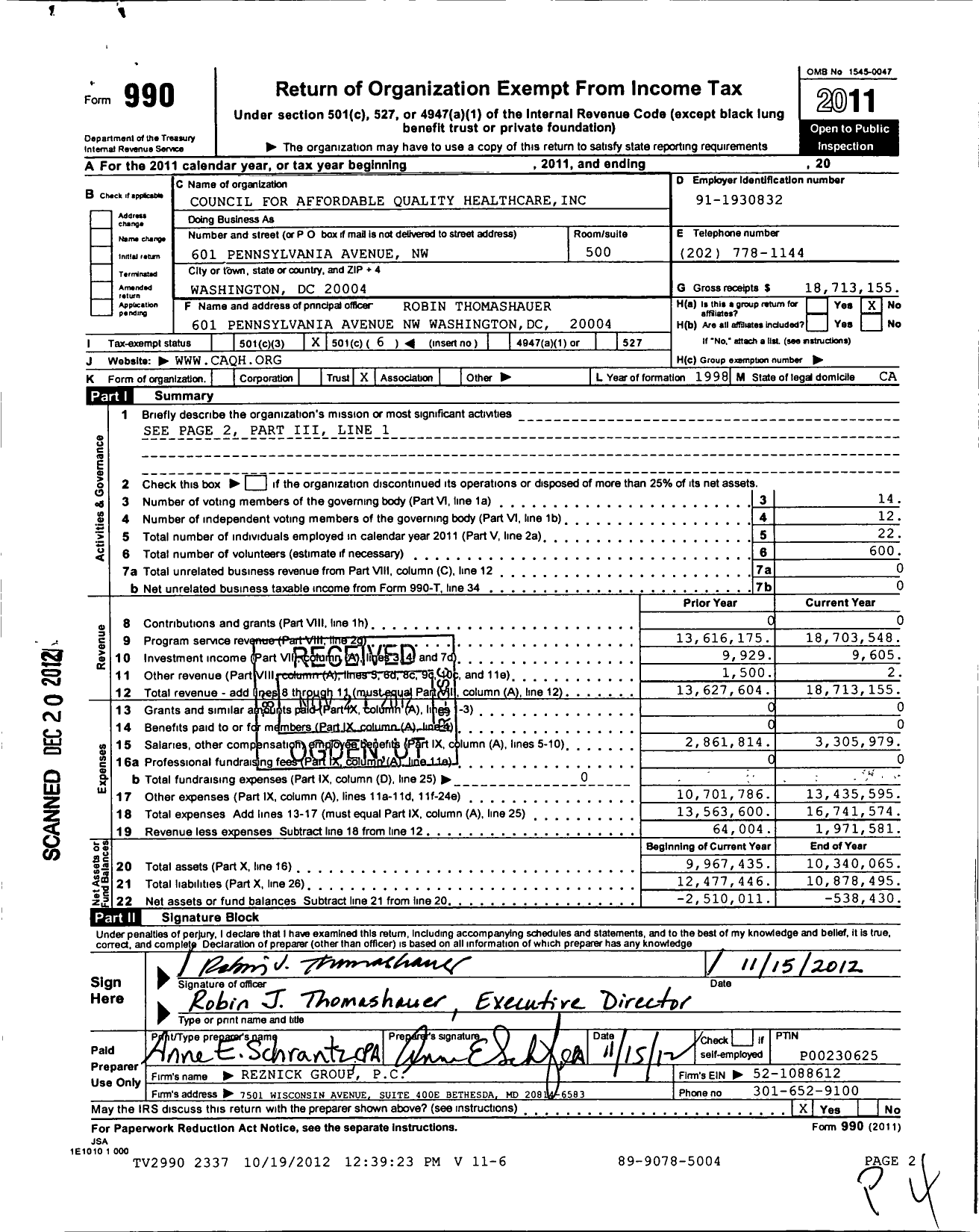 Image of first page of 2011 Form 990O for Council for Affordable Quality Healthcare (CAQH)