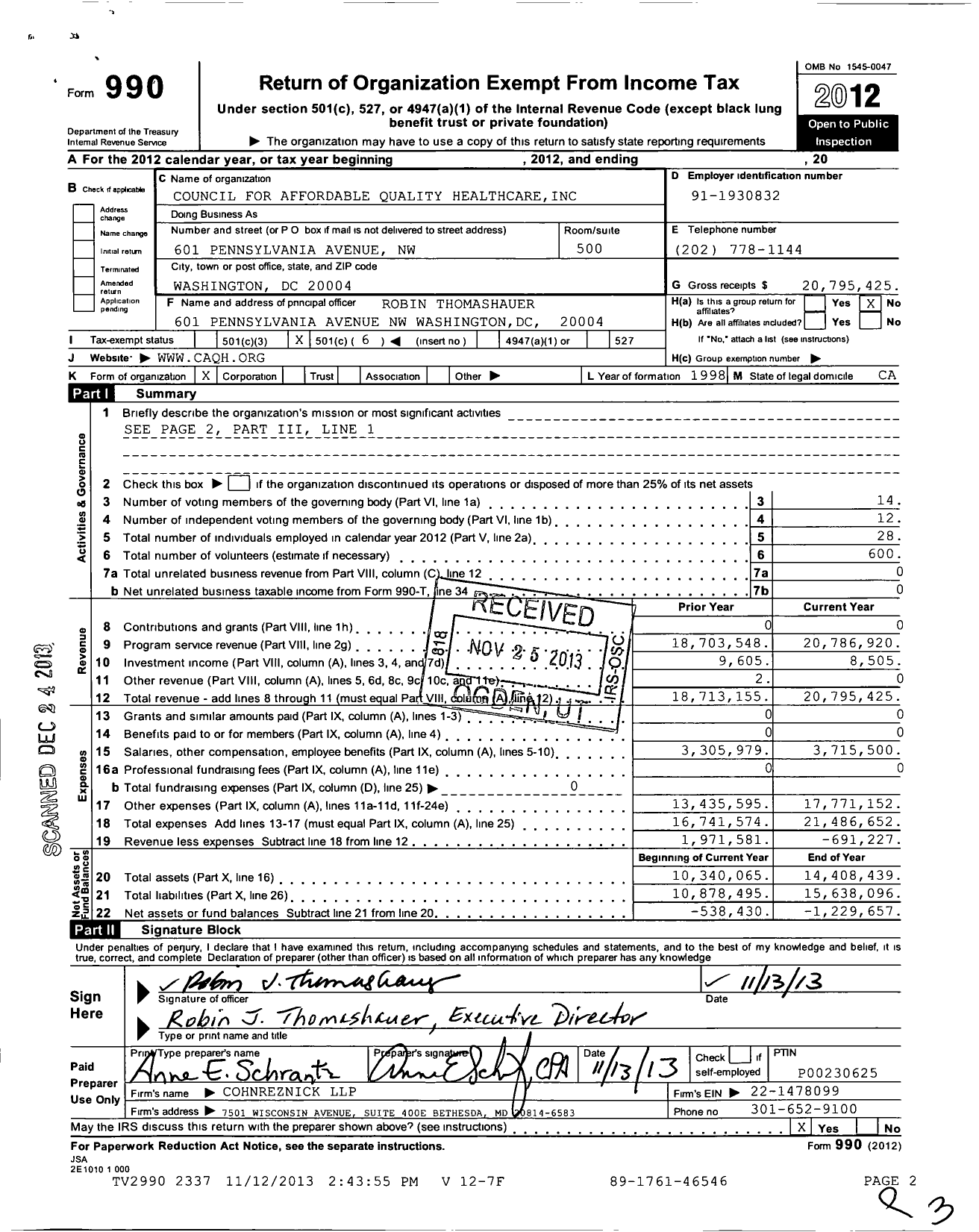 Image of first page of 2012 Form 990O for Council for Affordable Quality Healthcare (CAQH)