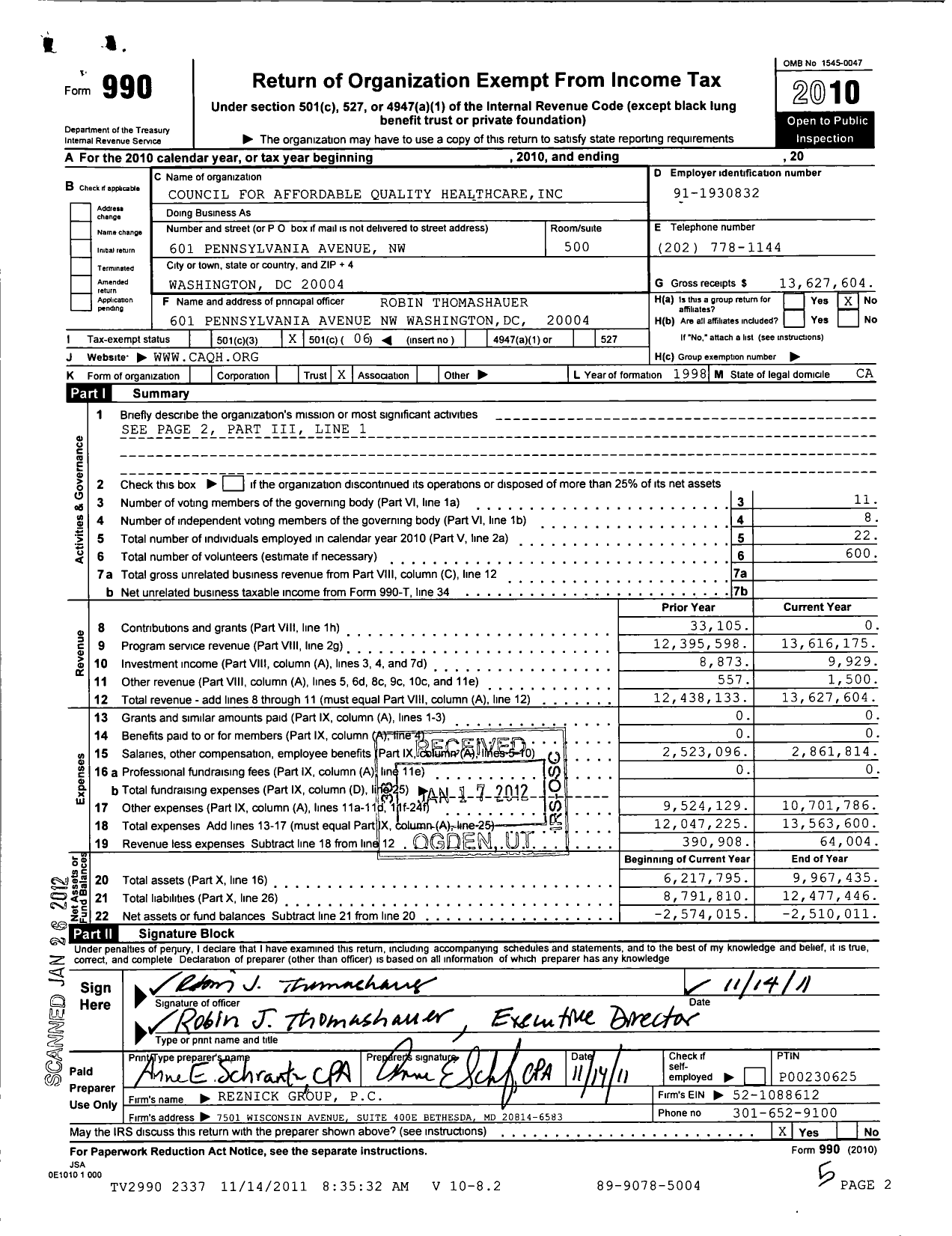 Image of first page of 2010 Form 990O for Council for Affordable Quality Healthcare (CAQH)