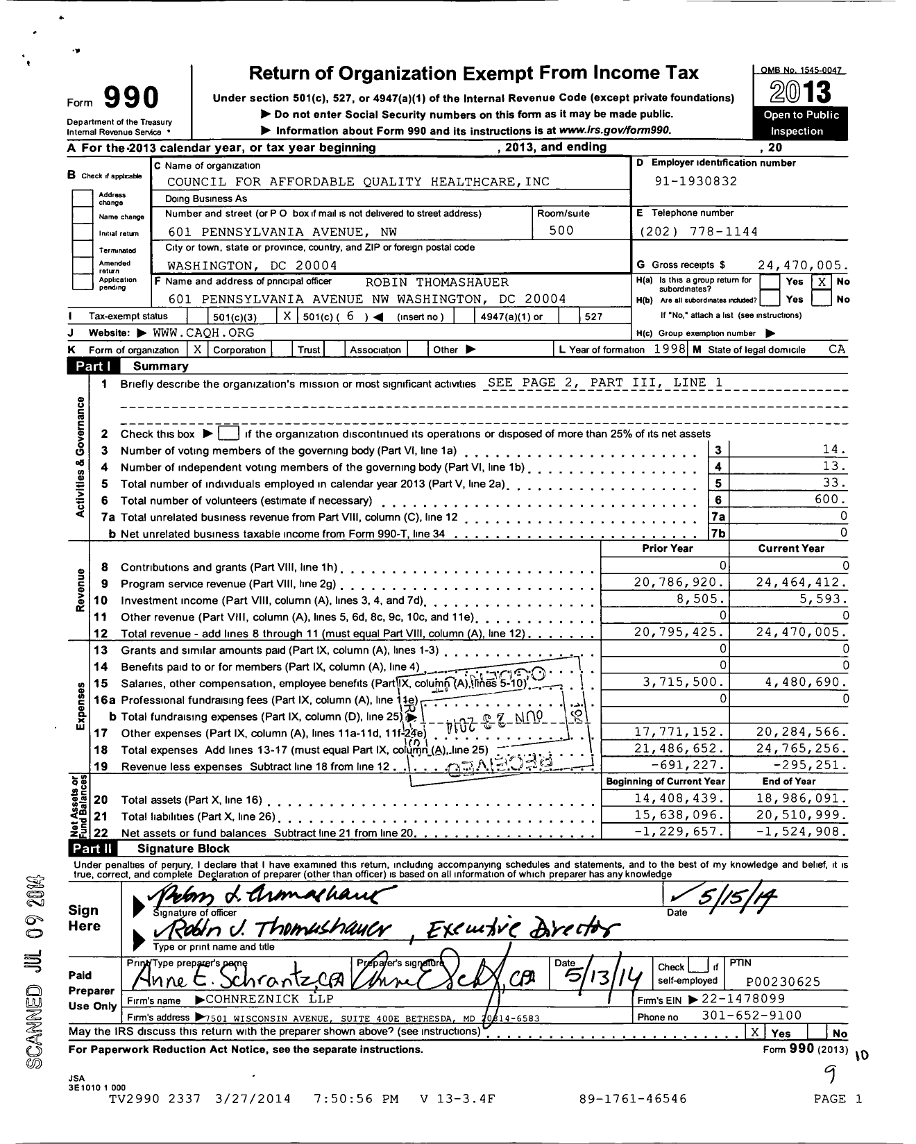 Image of first page of 2013 Form 990O for Council for Affordable Quality Healthcare (CAQH)