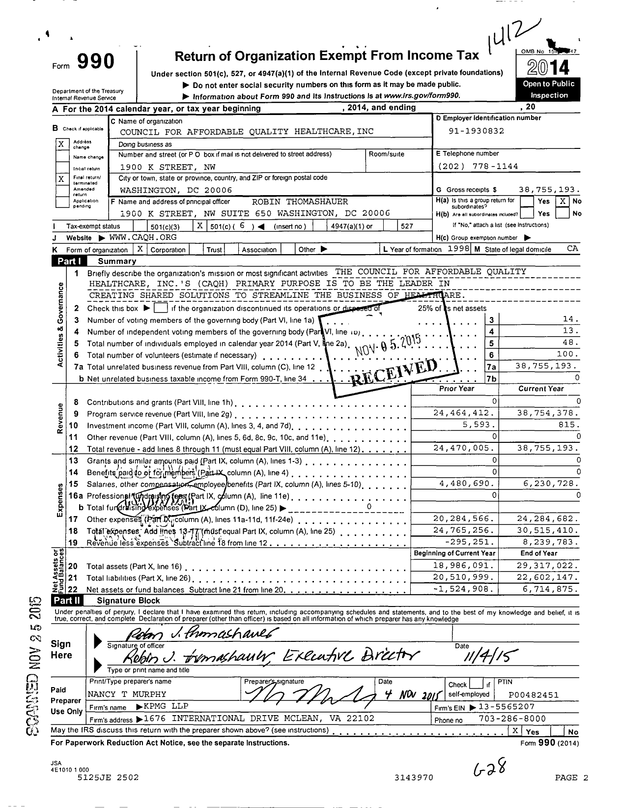 Image of first page of 2014 Form 990O for Council for Affordable Quality Healthcare (CAQH)