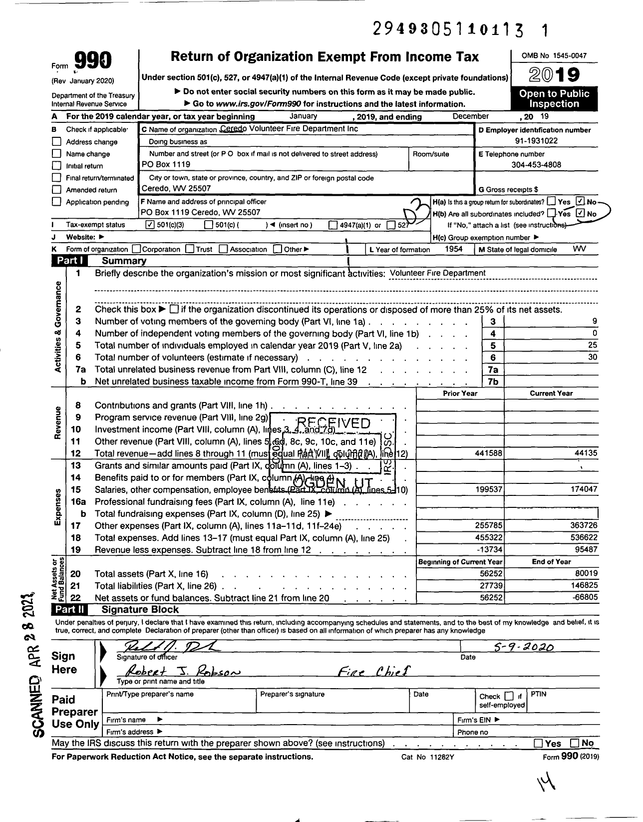Image of first page of 2019 Form 990 for Ceredo Volunteer Fire Department