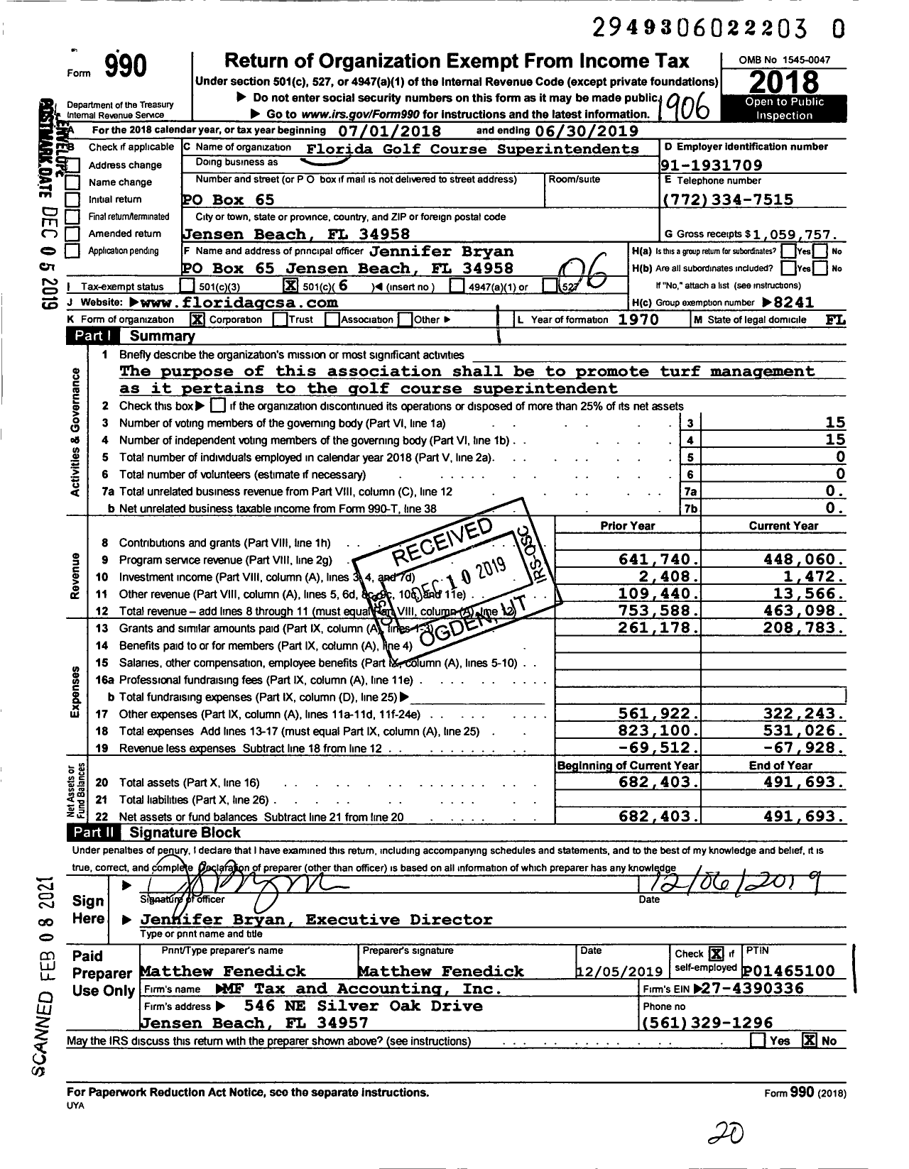 Image of first page of 2018 Form 990O for Florida Golf Course Superintendents / Group Return