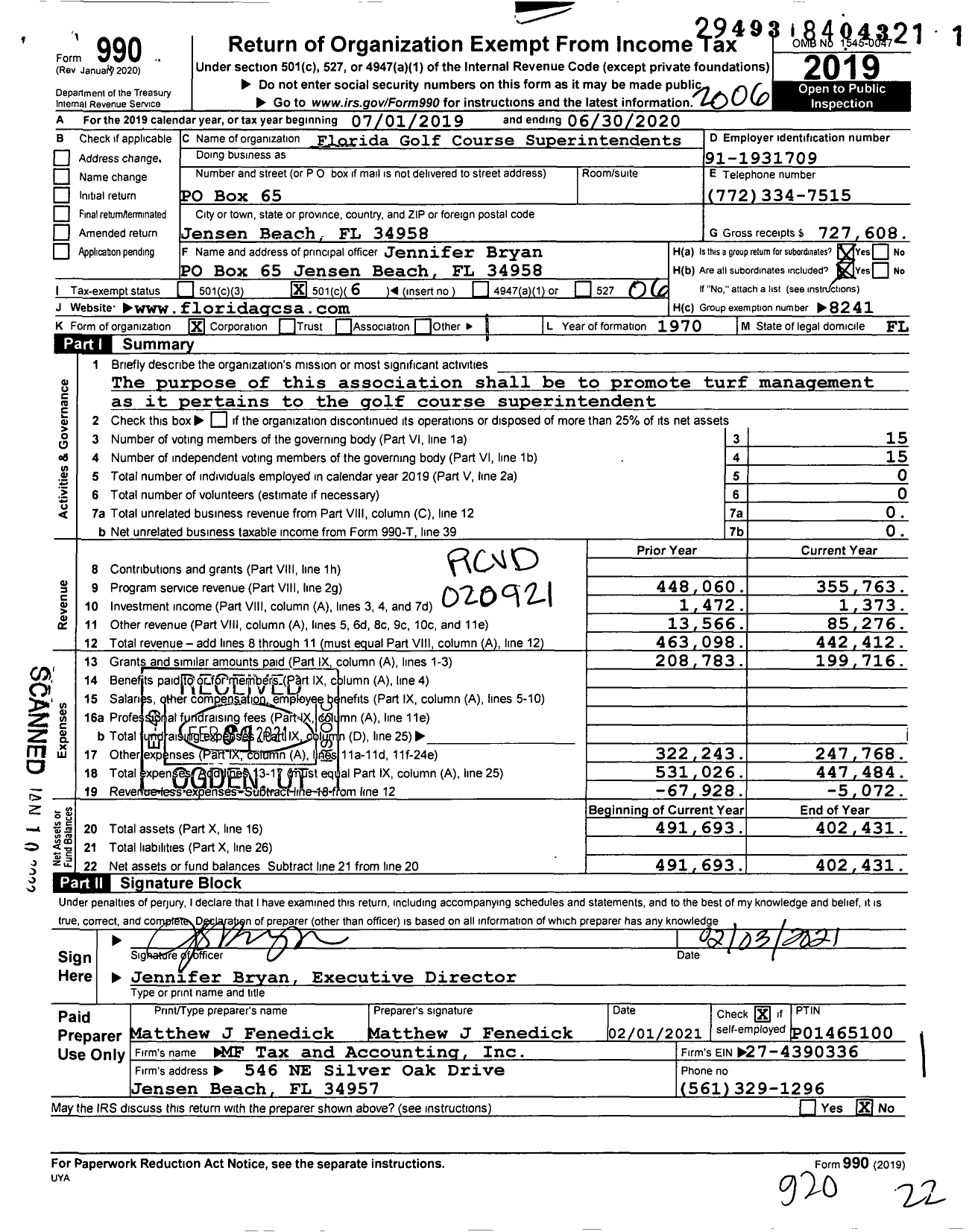 Image of first page of 2019 Form 990O for Florida Golf Course Superintendents / Group Return