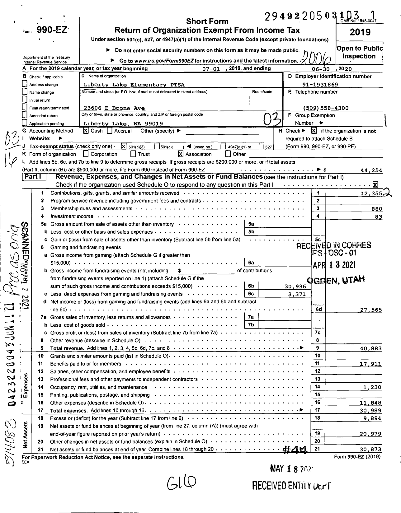 Image of first page of 2019 Form 990EZ for Liberty Lake Elementary PTSA