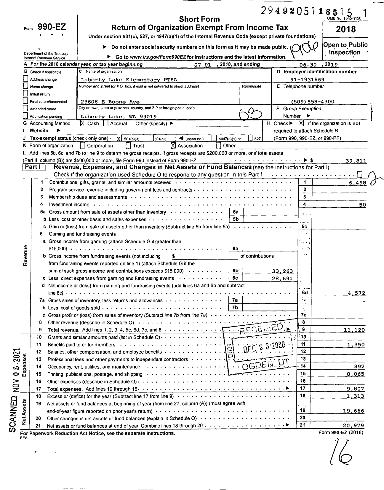 Image of first page of 2018 Form 990EZ for Liberty Lake Elementary PTSA