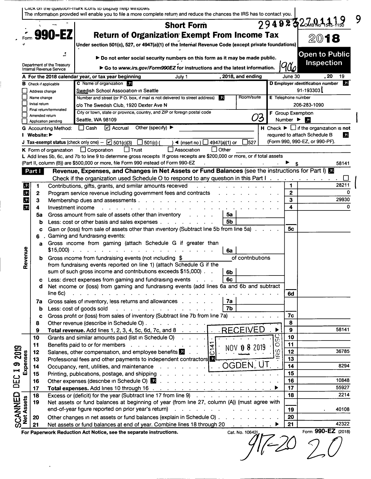 Image of first page of 2018 Form 990EZ for Swedish School Association in Seattle