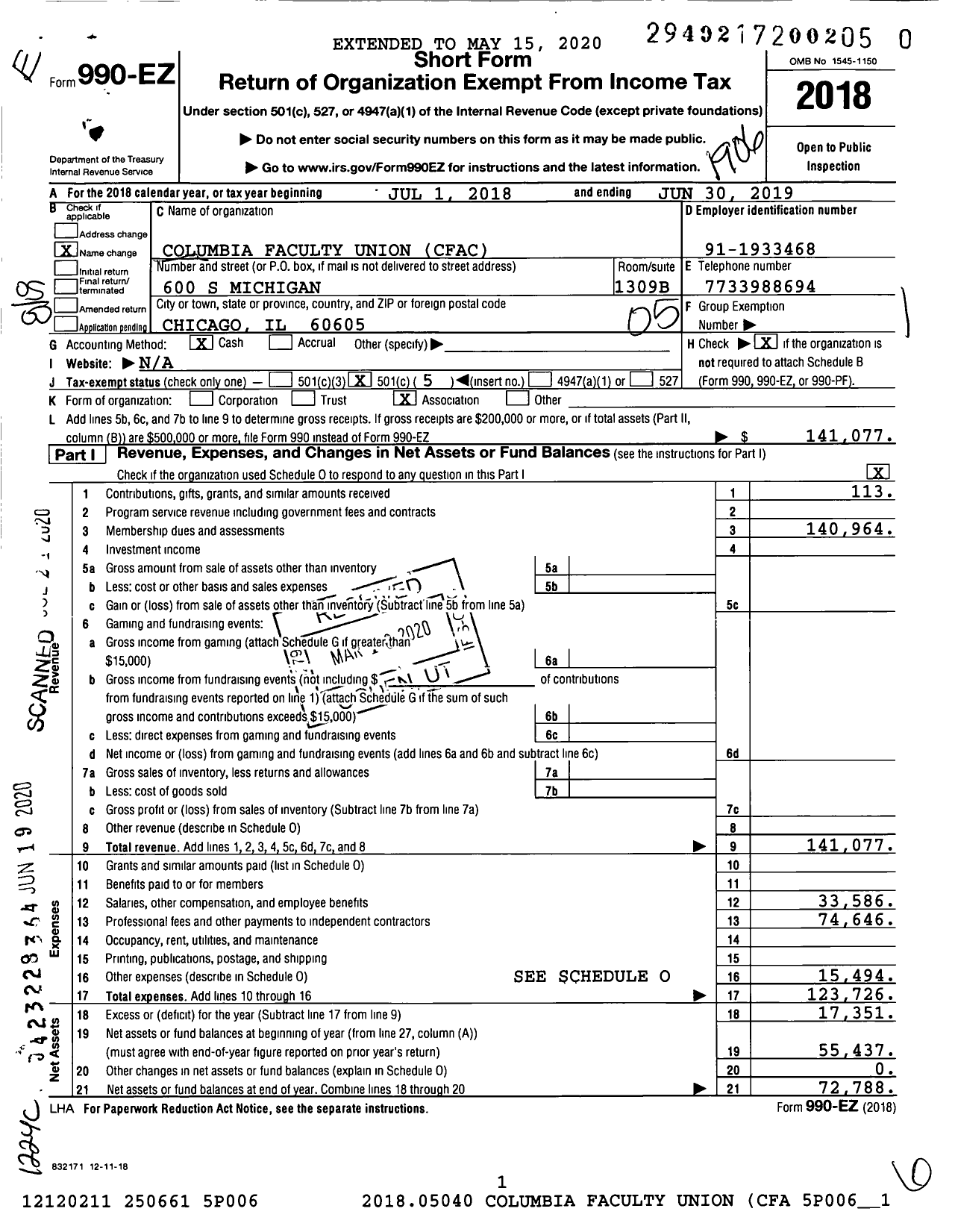 Image of first page of 2018 Form 990EO for American Federation of Teachers - 6602 Columbia Faculty Union