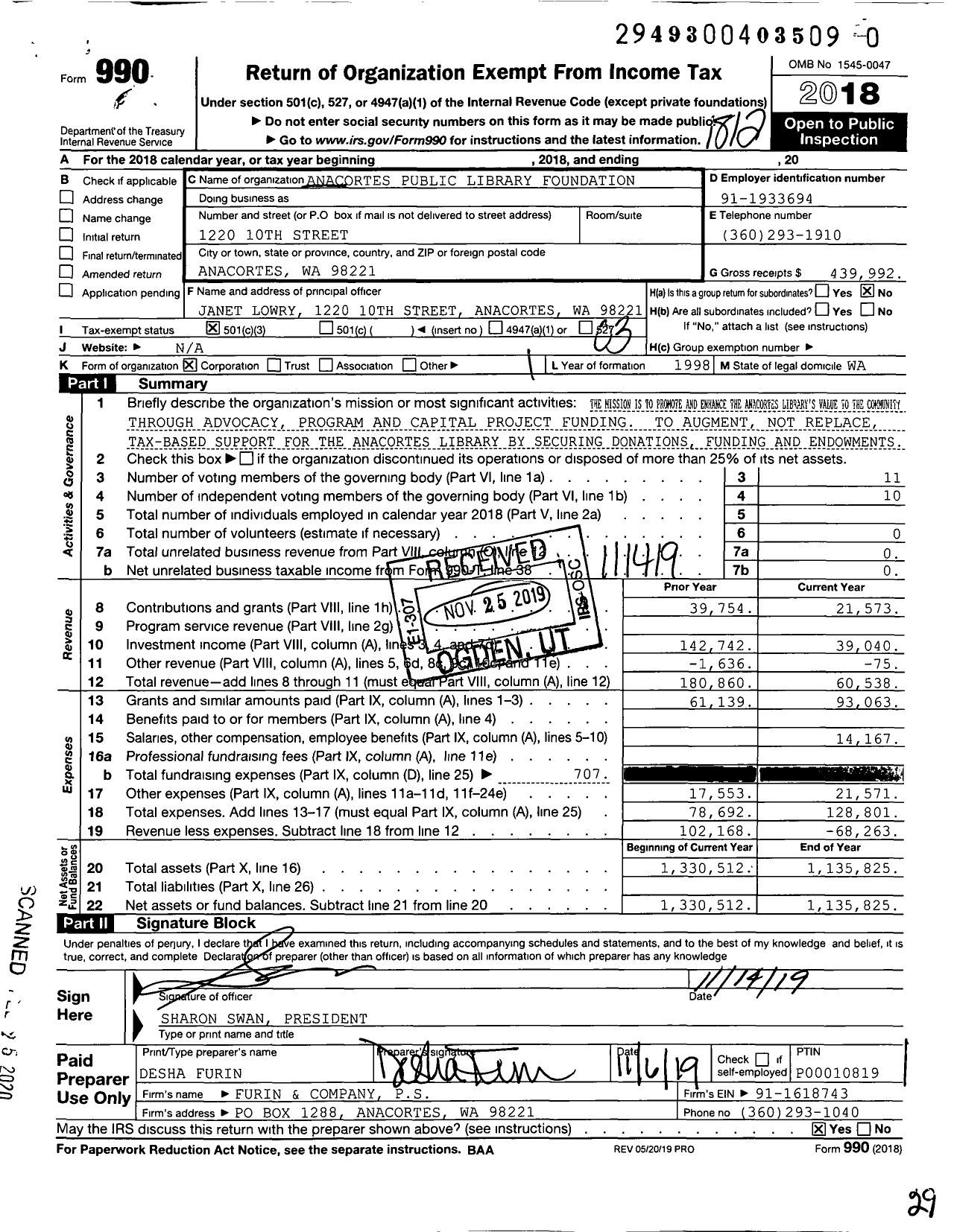 Image of first page of 2018 Form 990 for Anacortes Public Library Foundation