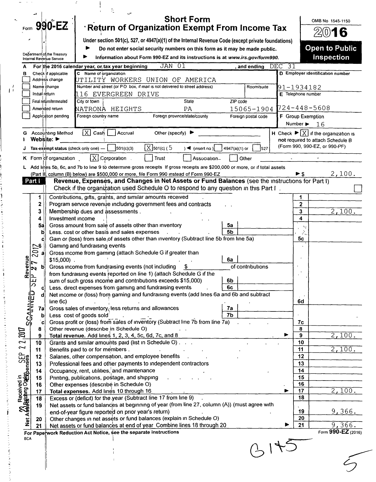 Image of first page of 2016 Form 990EO for Utility Workers of America Local 574