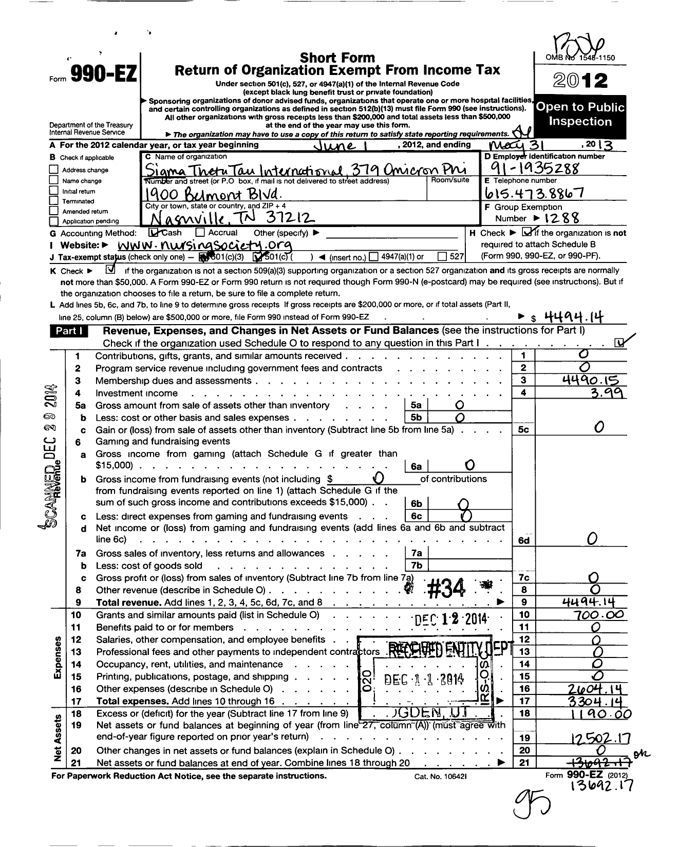 Image of first page of 2012 Form 990EO for Sigma Theta Tau - 379 Omicron Phi