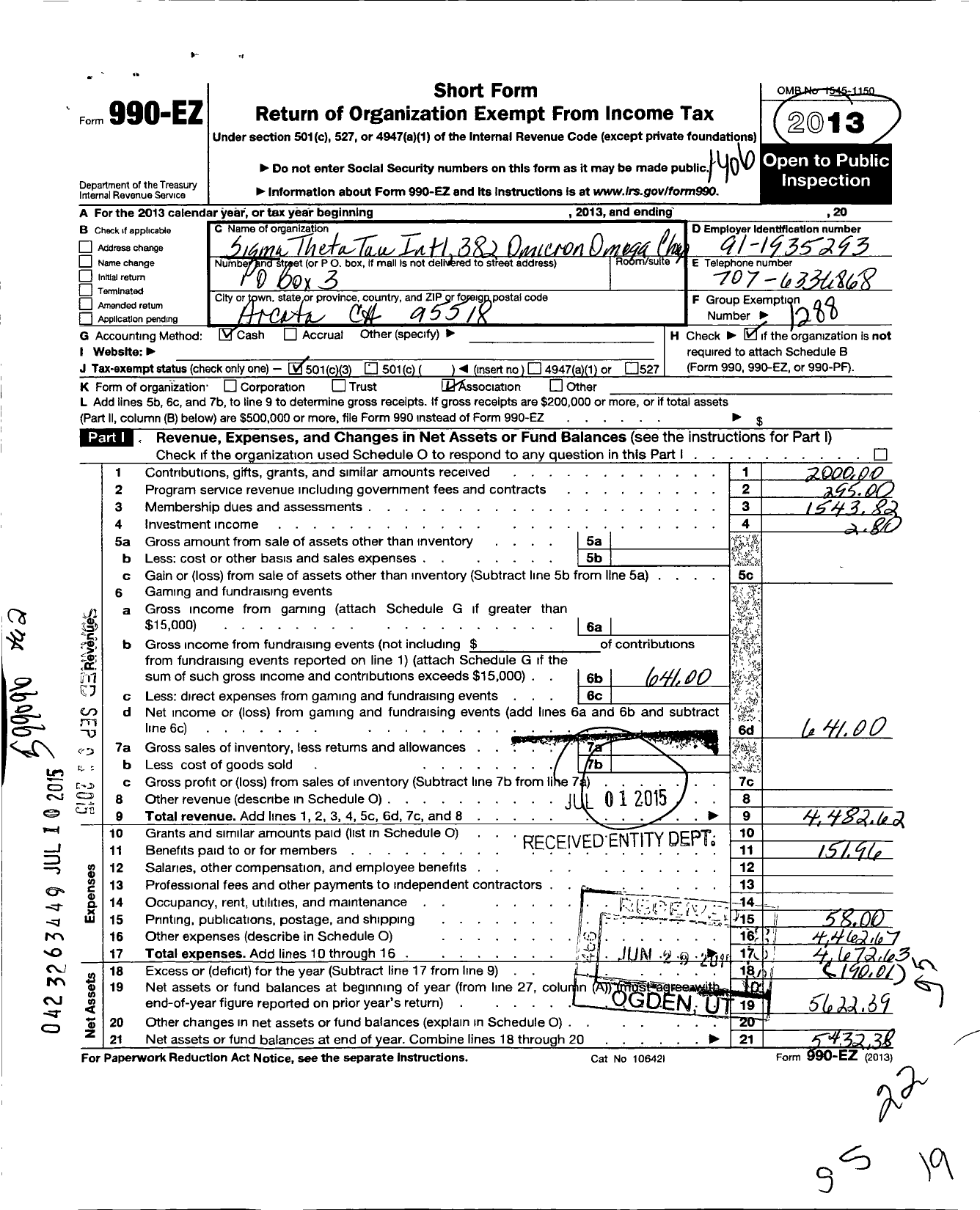 Image of first page of 2013 Form 990EZ for Sigma Theta Tau - 382 Omicron Omega Chapter