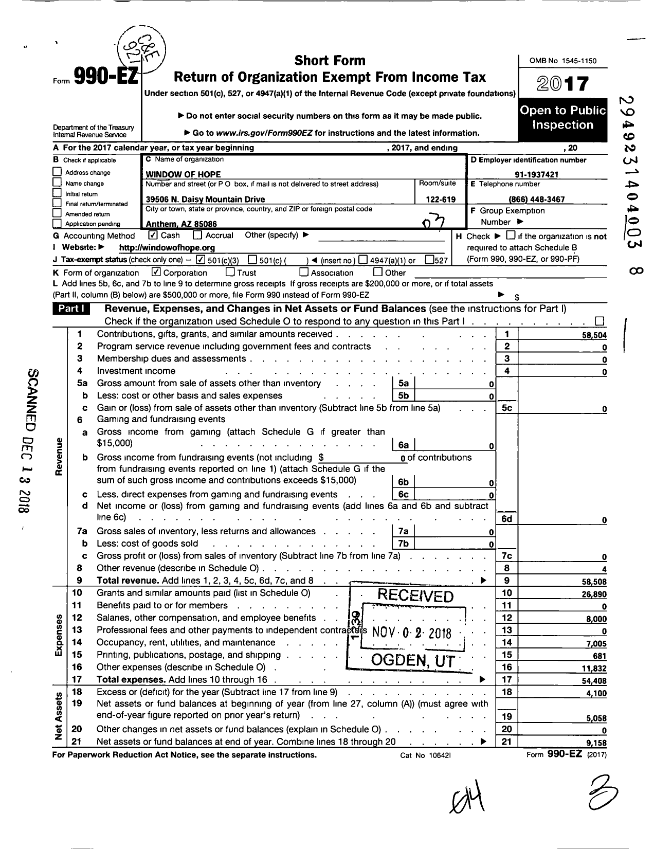 Image of first page of 2017 Form 990EZ for Window of Hope