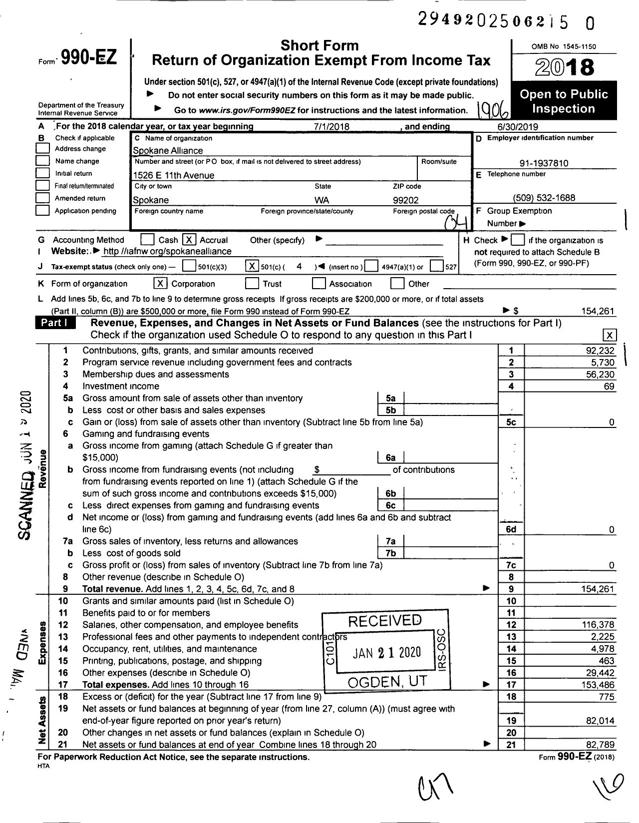 Image of first page of 2018 Form 990EO for Spokane Alliance