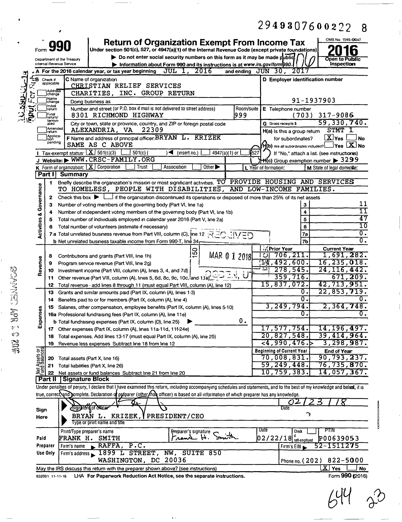Image of first page of 2016 Form 990 for Christian Relief Services Charities Group Return