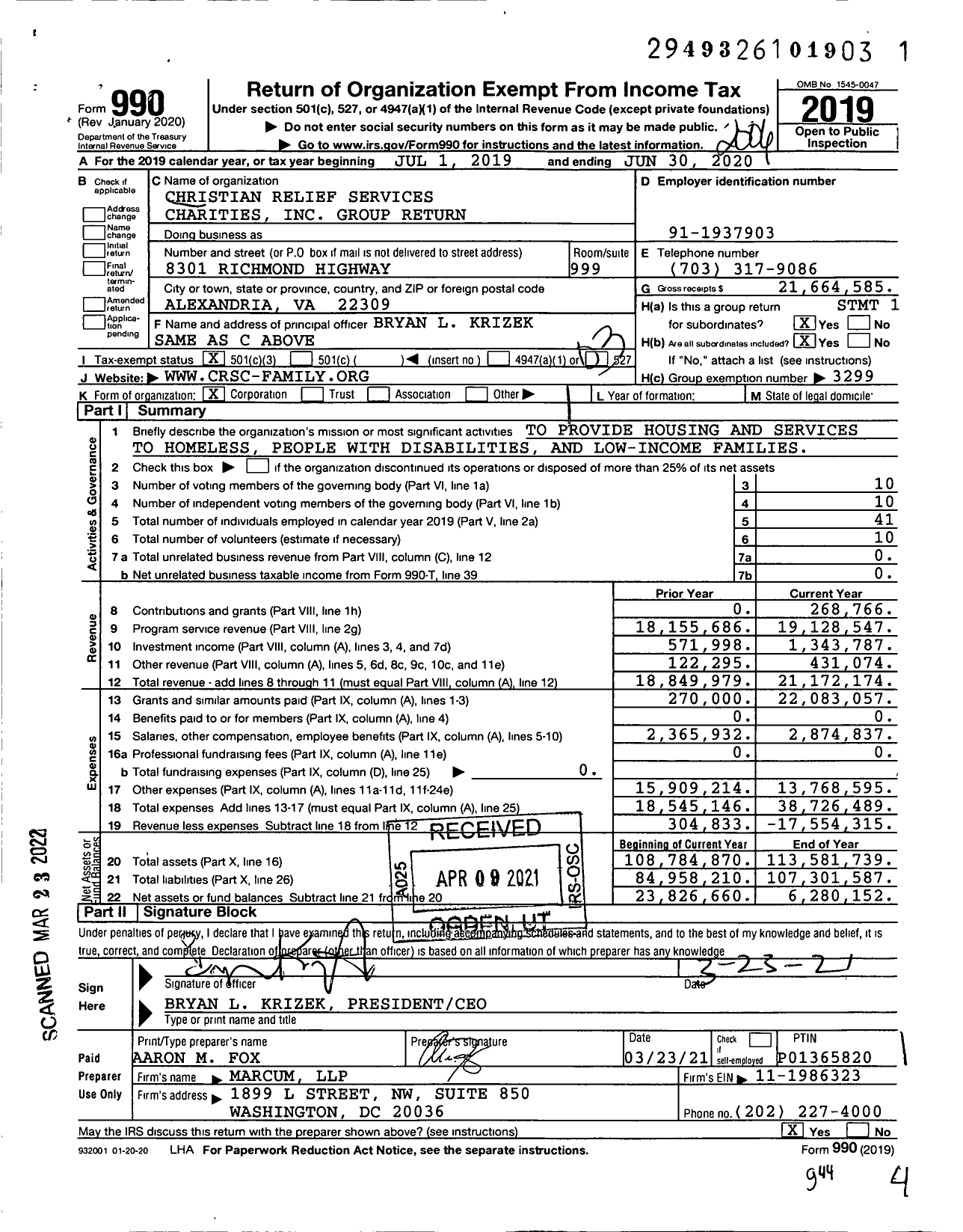 Image of first page of 2019 Form 990 for Christian Relief Services Charities Group Return
