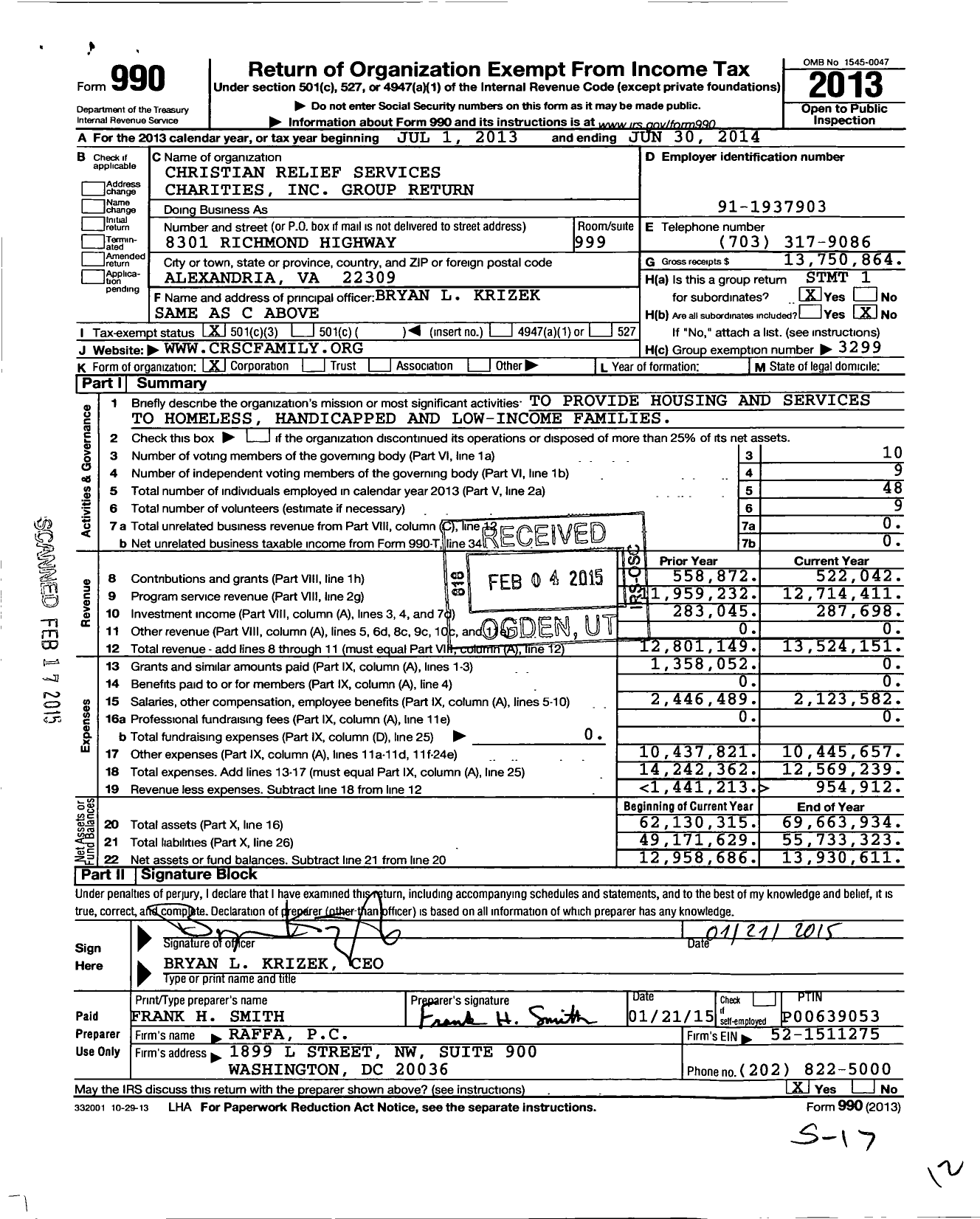 Image of first page of 2013 Form 990 for Christian Relief Services Charities Group Return